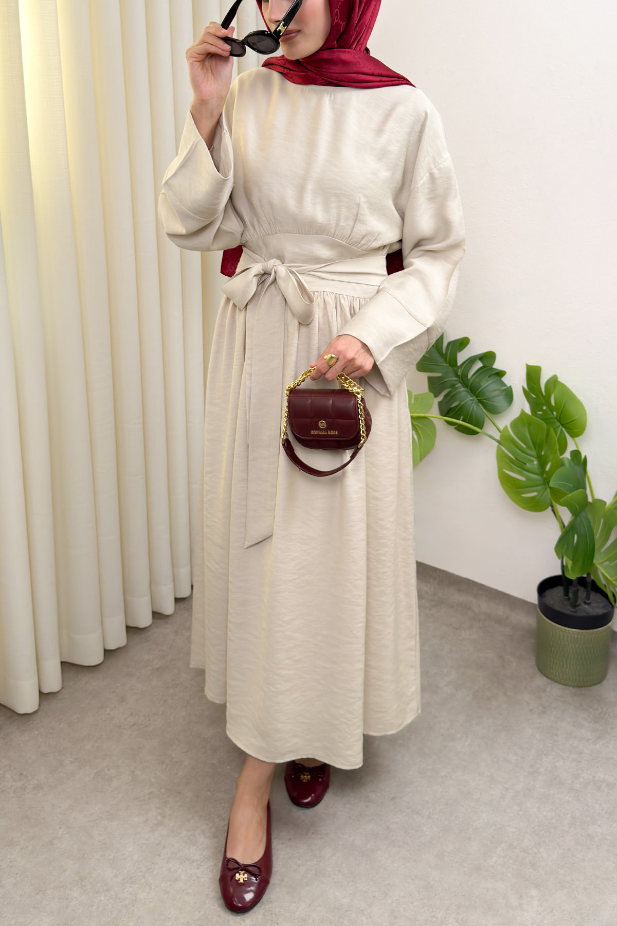 Yüksek Bel Kuşak Bağlamalı Uzun Elbise 0048 - BEJ |  