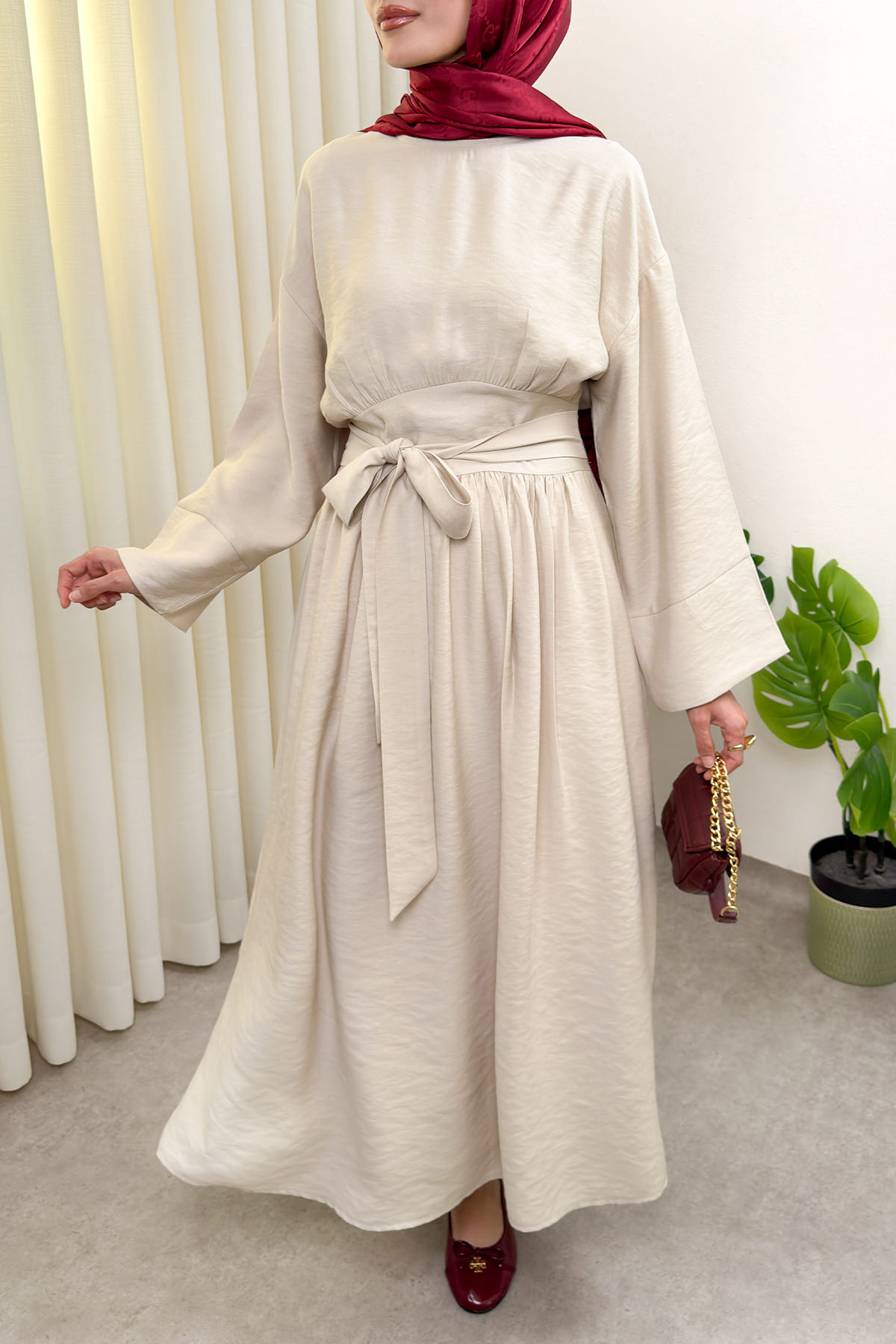 Yüksek Bel Kuşak Bağlamalı Uzun Elbise 0048 - BEJ |  