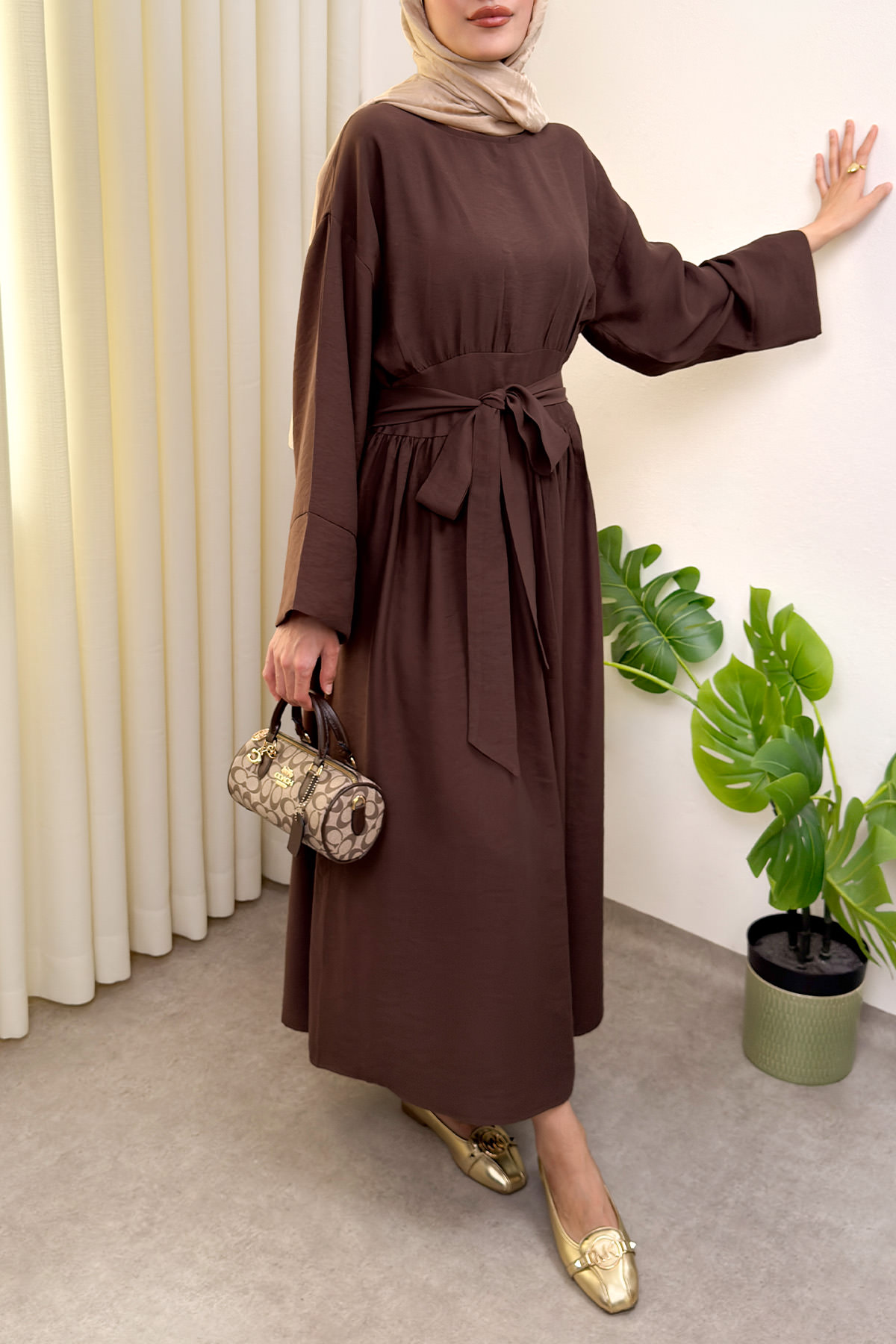 Yüksek Bel Kuşak Bağlamalı Uzun Elbise 0048 - KAHVERENGİ |  