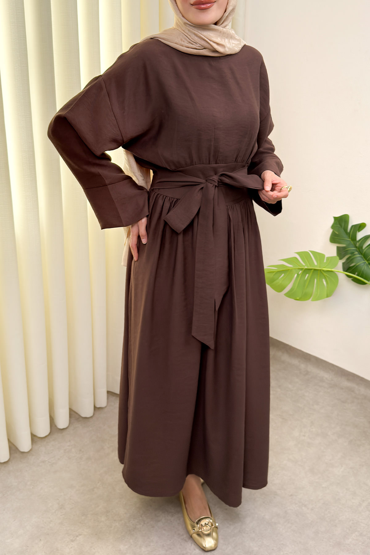 Yüksek Bel Kuşak Bağlamalı Uzun Elbise 0048 - KAHVERENGİ |  