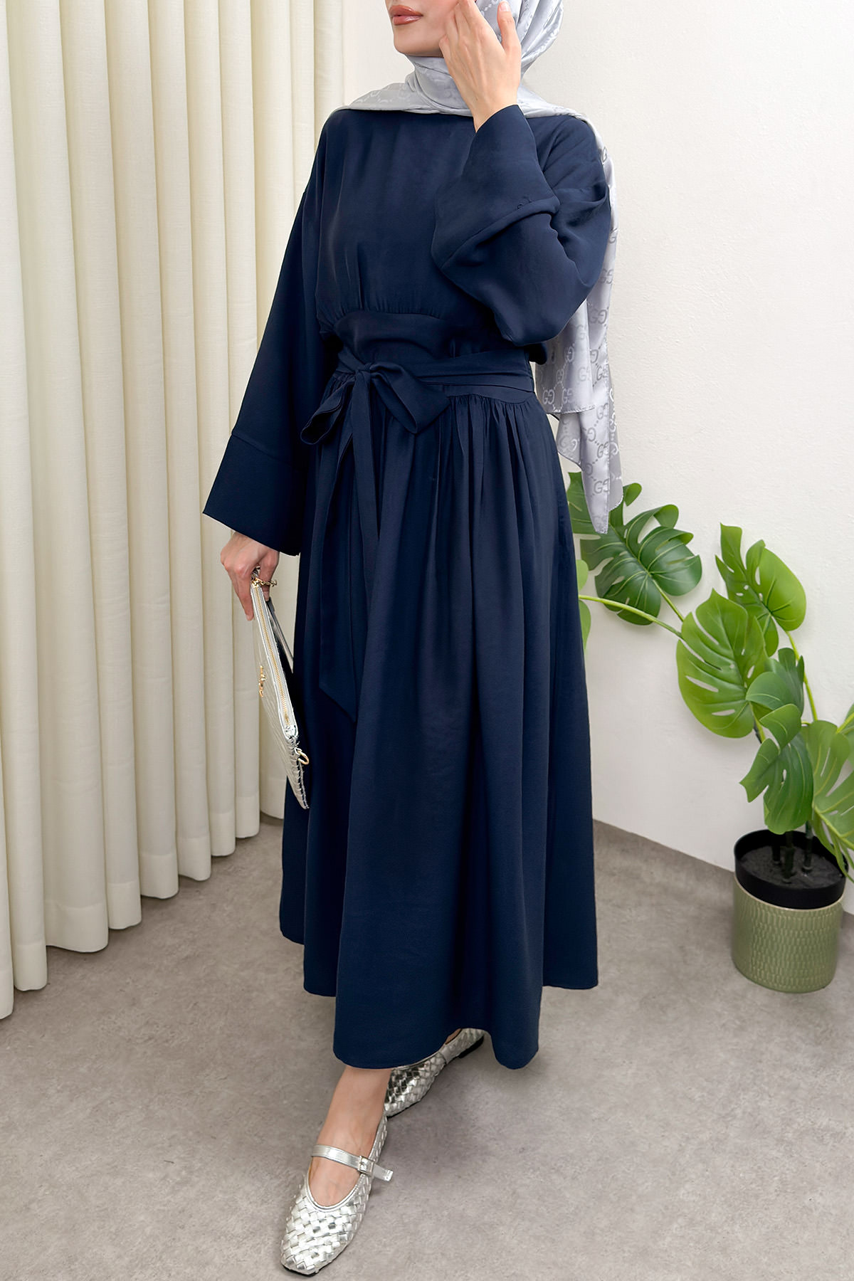 Yüksek Bel Kuşak Bağlamalı Uzun Elbise 0048 - LACİVERT |  