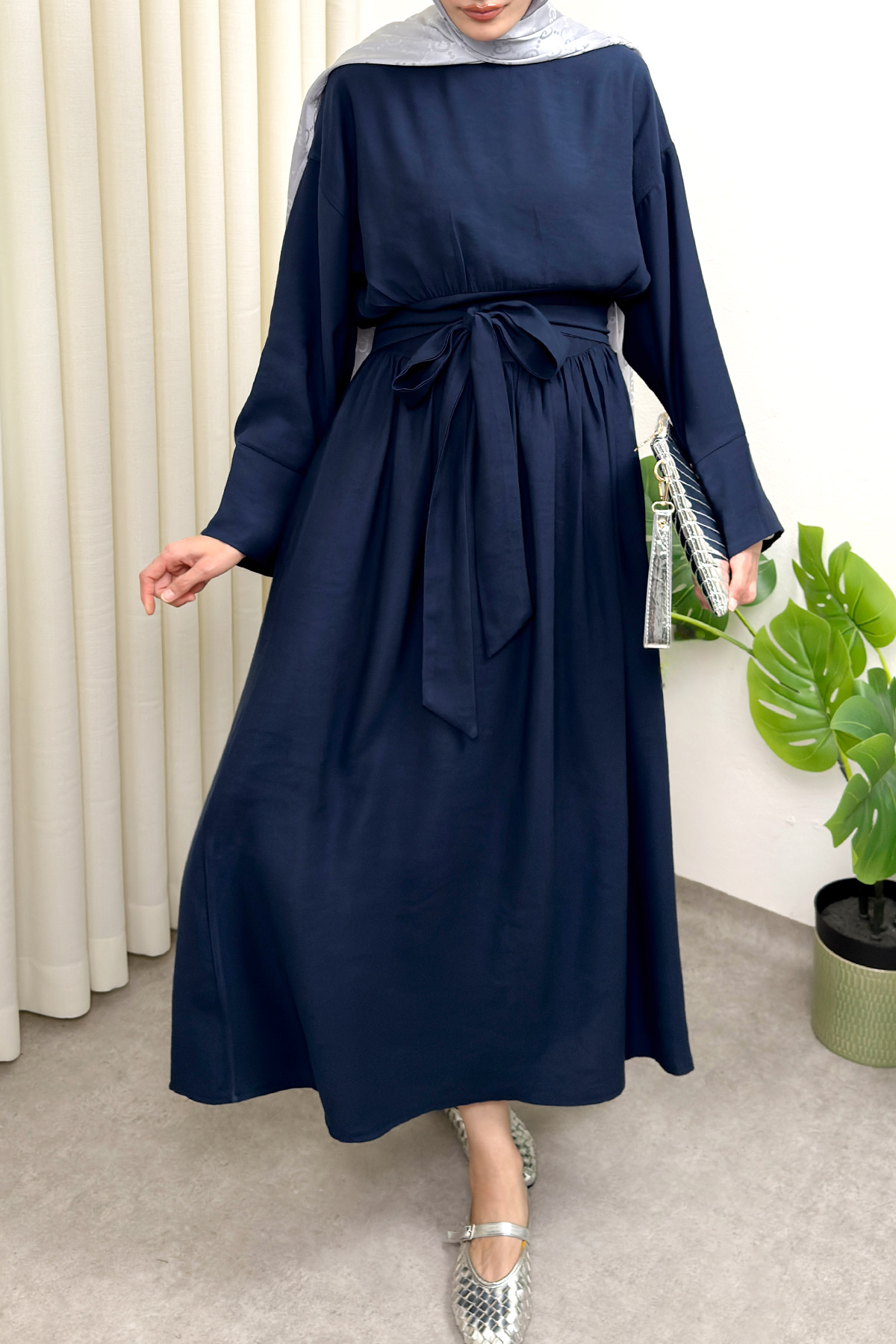 Yüksek Bel Kuşak Bağlamalı Uzun Elbise 0048 - LACİVERT |  