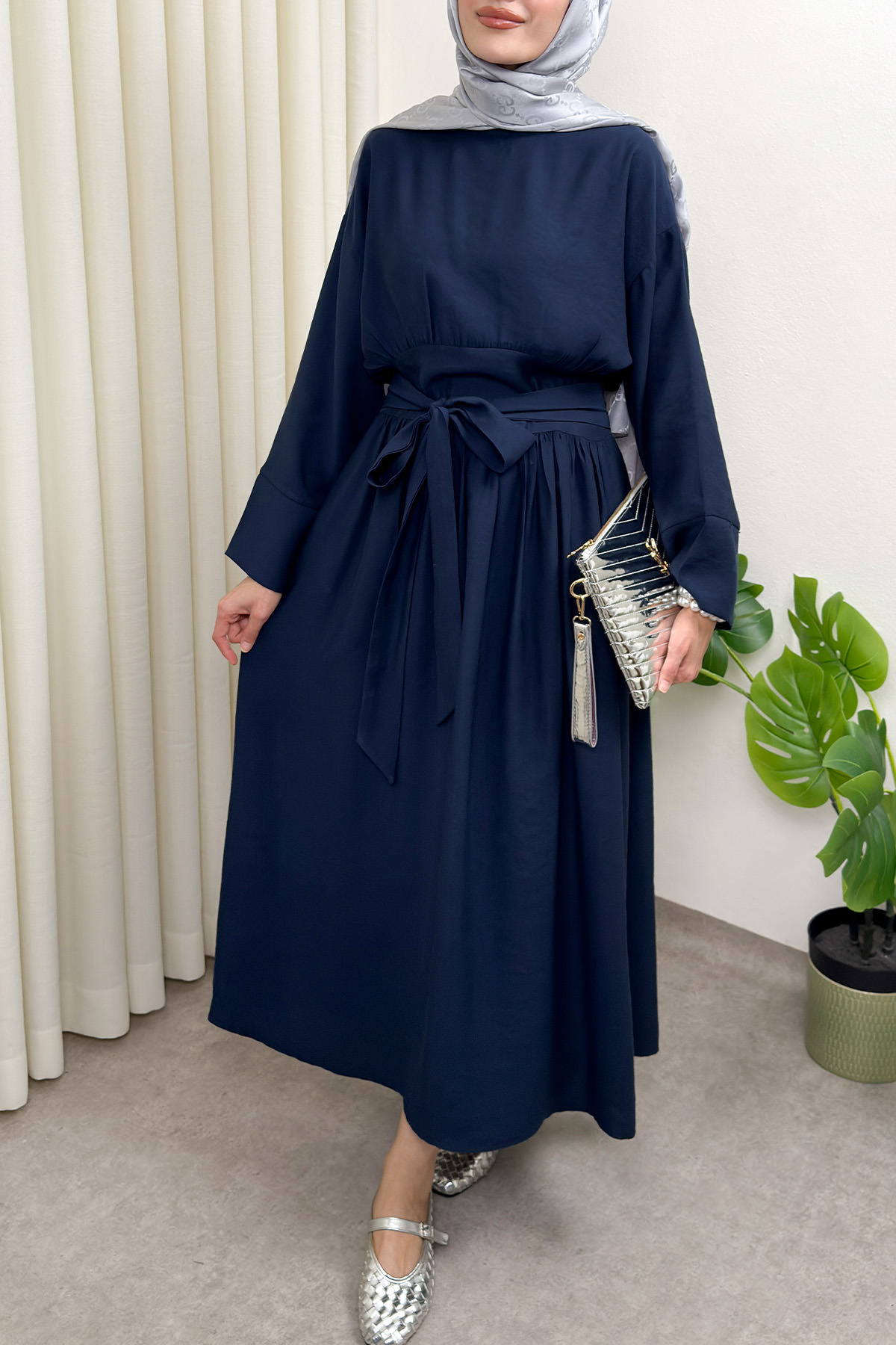 Yüksek Bel Kuşak Bağlamalı Uzun Elbise 0048 - LACİVERT |  