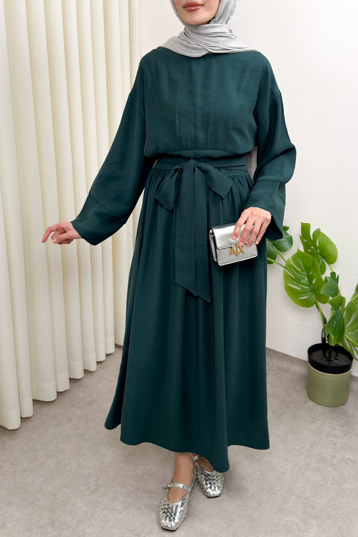 Yüksek Bel Kuşak Bağlamalı Uzun Elbise 0048 - ZÜMRÜT YEŞİLİ |  