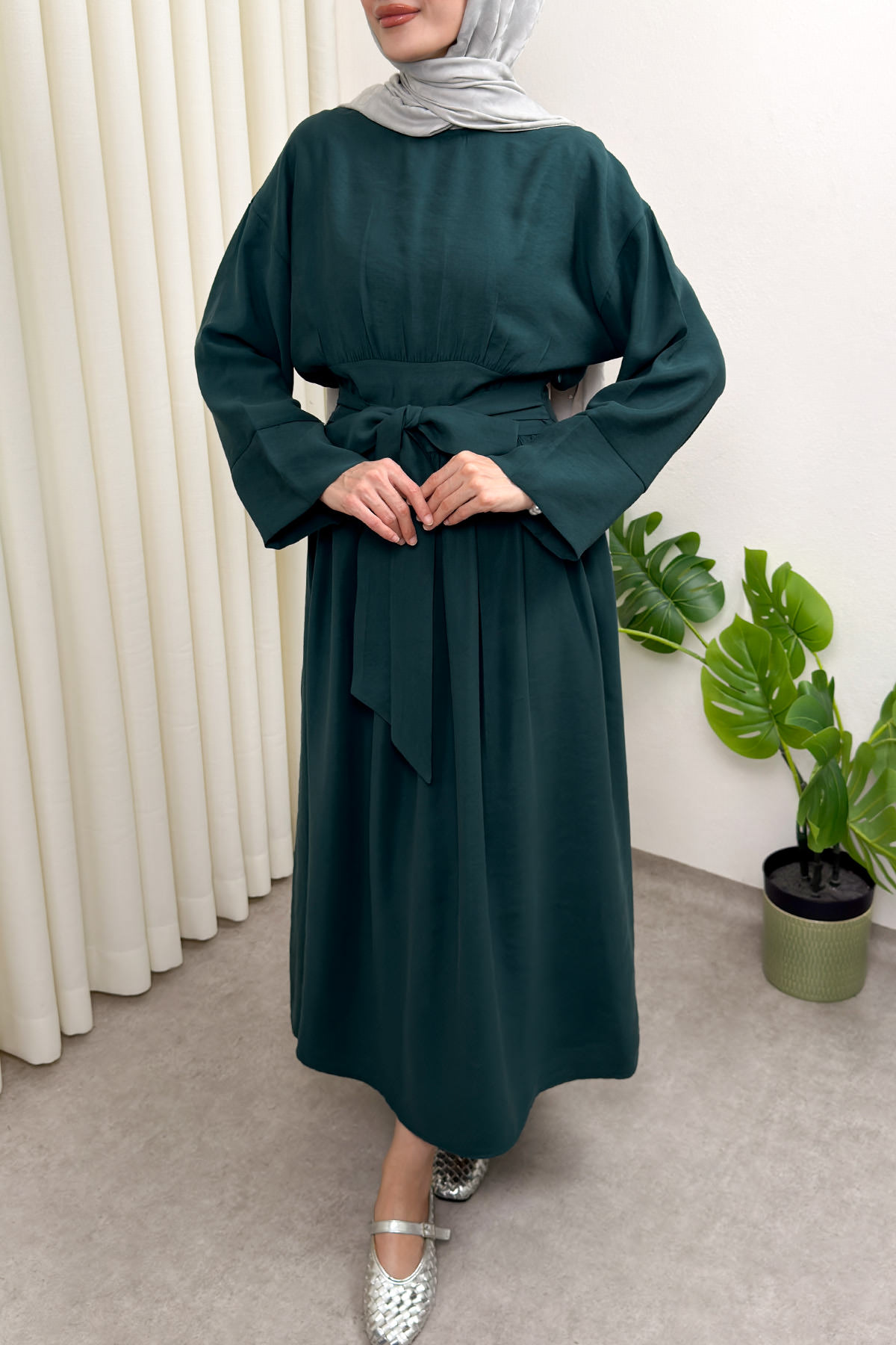 Yüksek Bel Kuşak Bağlamalı Uzun Elbise 0048 - ZÜMRÜT YEŞİLİ |  