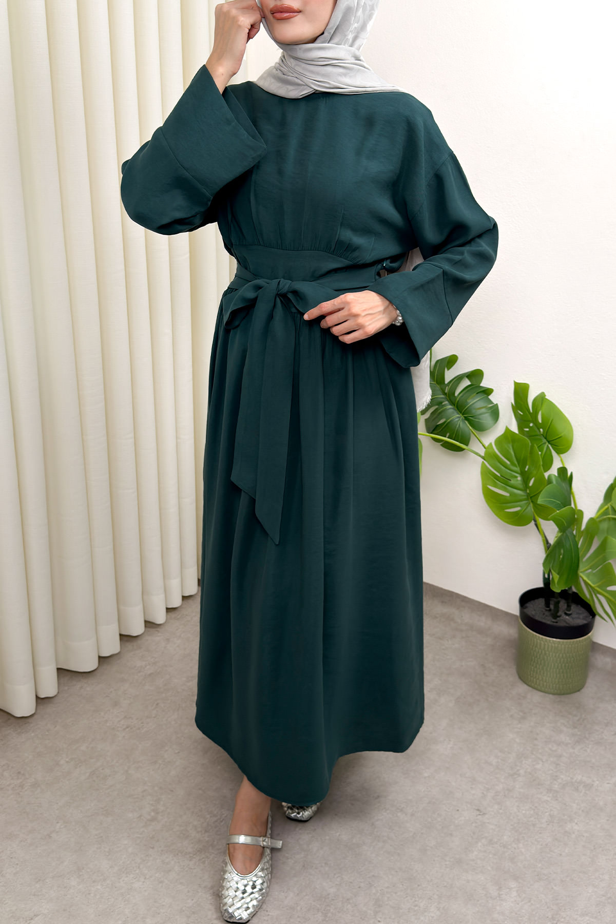 Yüksek Bel Kuşak Bağlamalı Uzun Elbise 0048 - ZÜMRÜT YEŞİLİ |  
