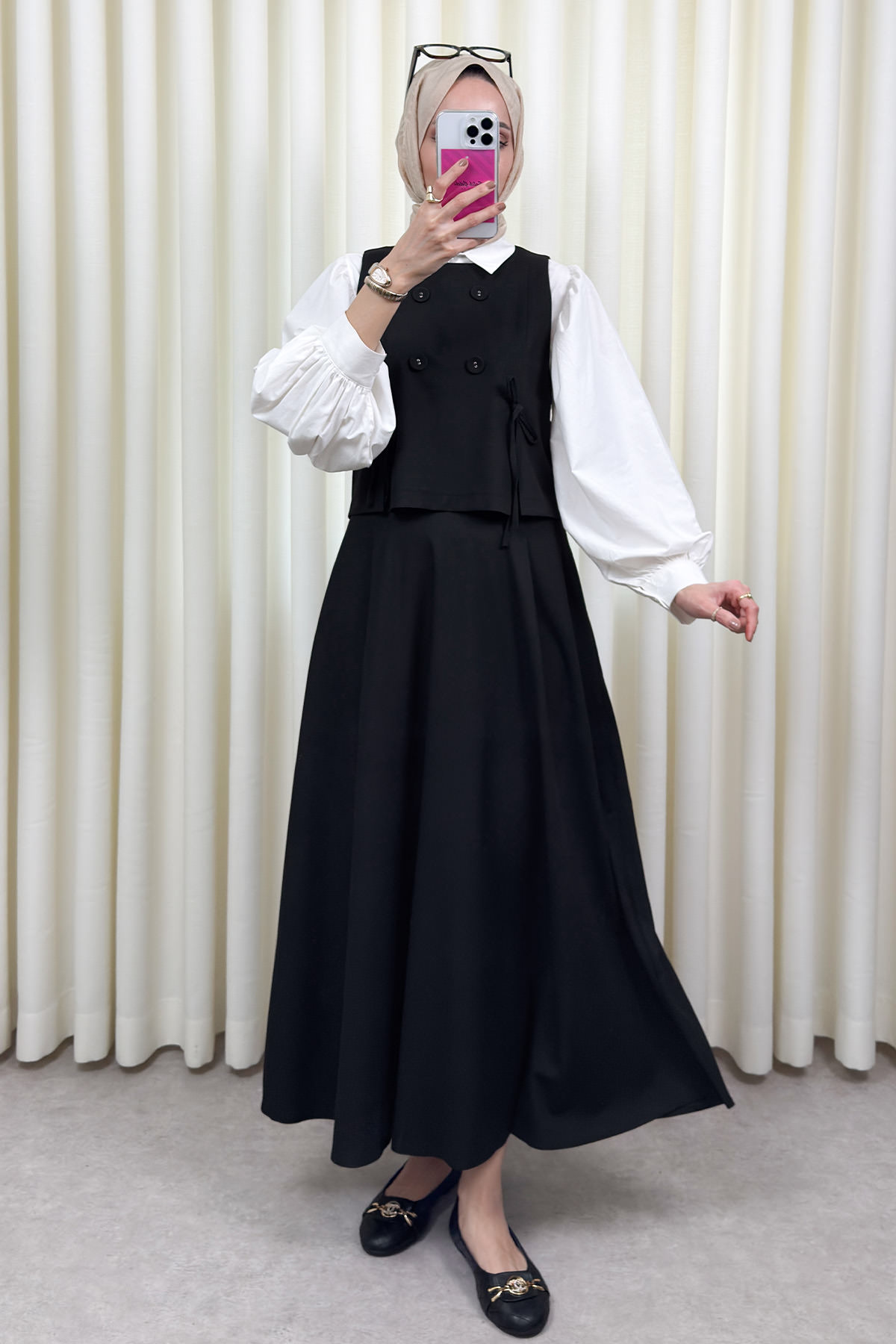 Düğme Detaylı Yelekli Takım 0049 - SİYAH |  