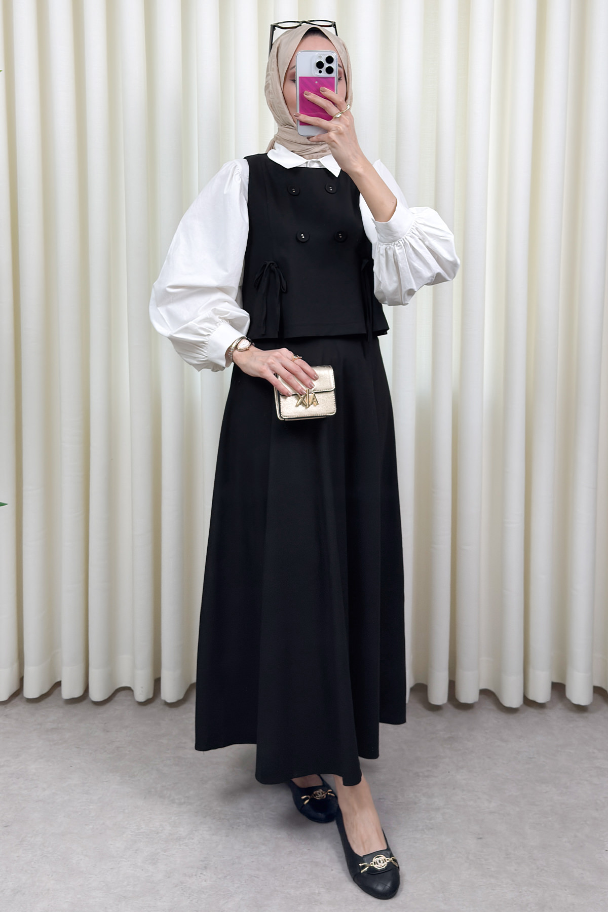 Düğme Detaylı Yelekli Takım 0049 - SİYAH |  