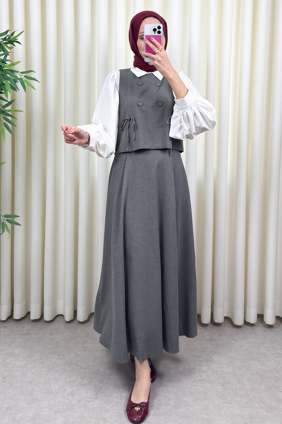 Düğme Detaylı Yelekli Takım 0049 - GRİ |  