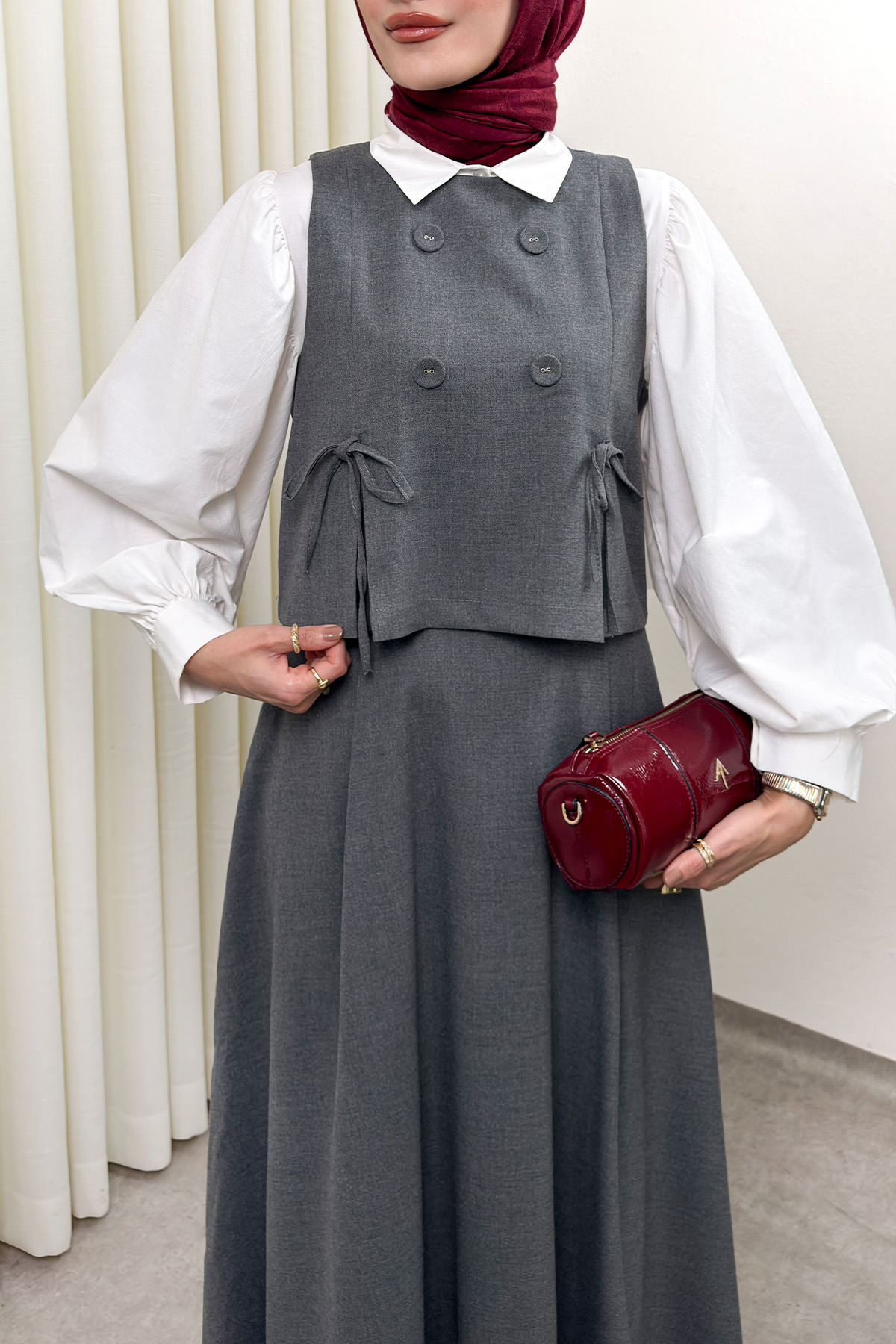 Düğme Detaylı Yelekli Takım 0049 - GRİ |  