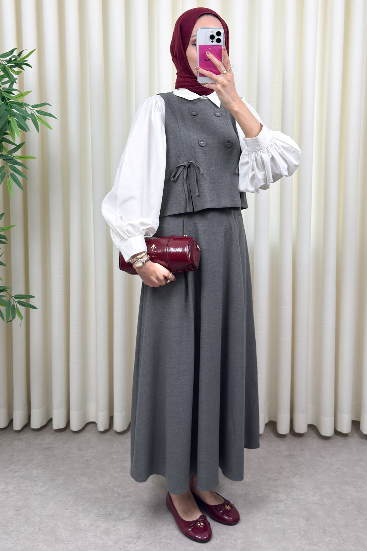 Düğme Detaylı Yelekli Takım 0049 - GRİ |  