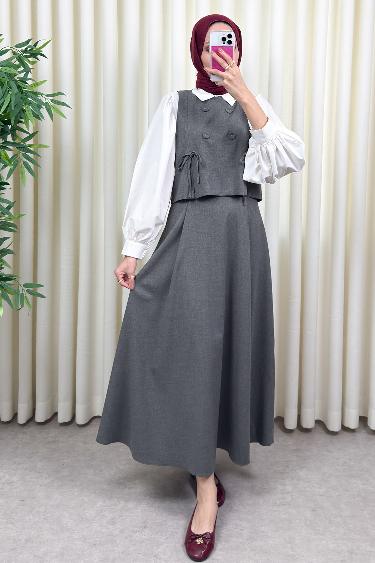 Düğme Detaylı Yelekli Takım 0049 - GRİ |  