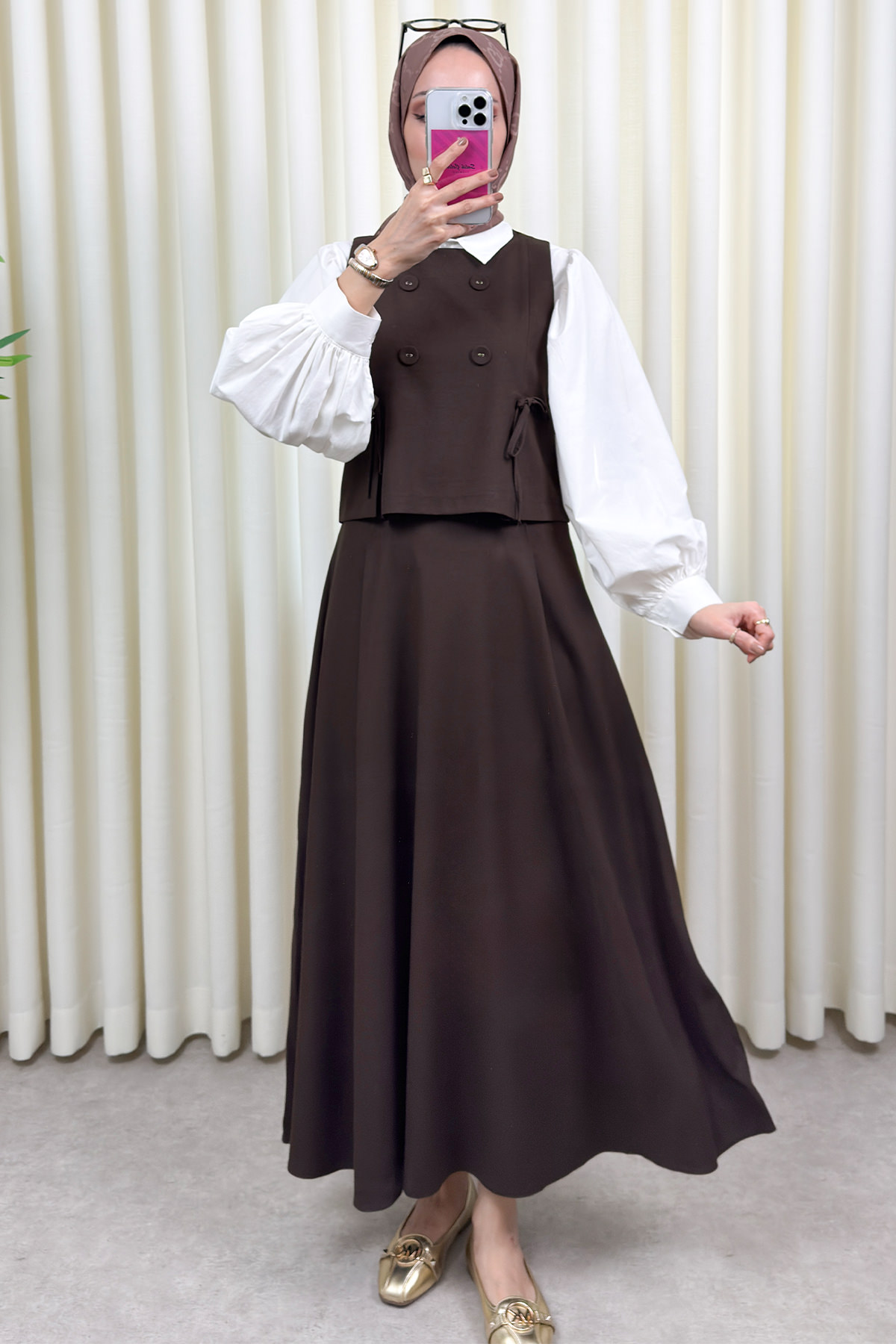 Düğme Detaylı Yelekli Takım 0049 - KAHVERENGİ |  