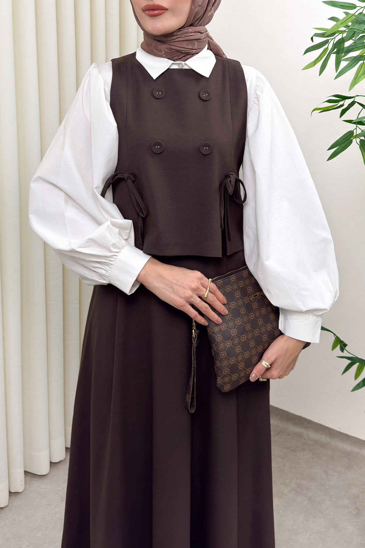 Düğme Detaylı Yelekli Takım 0049 - KAHVERENGİ |  