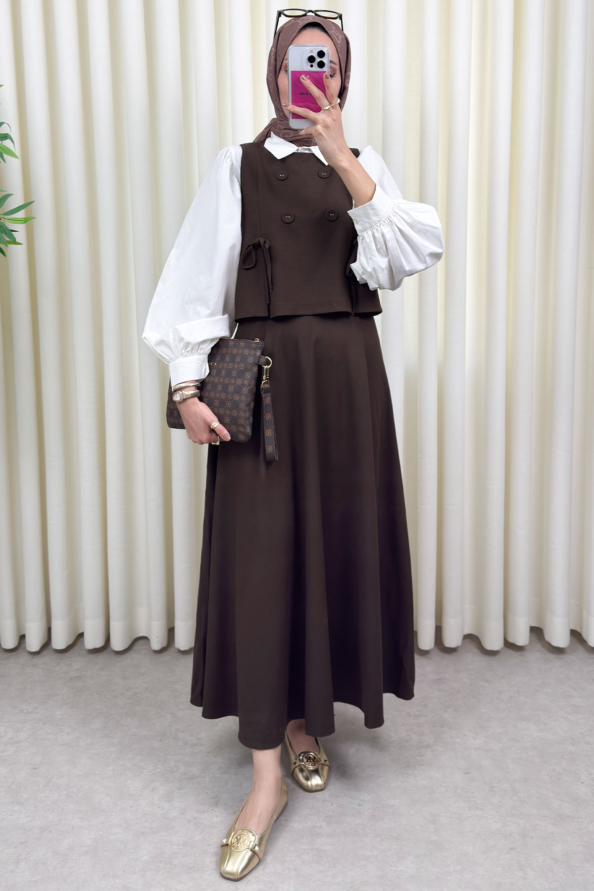 Düğme Detaylı Yelekli Takım 0049 - KAHVERENGİ |  