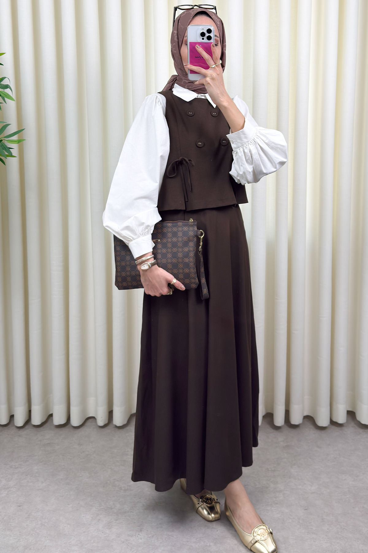 Düğme Detaylı Yelekli Takım 0049 - KAHVERENGİ |  