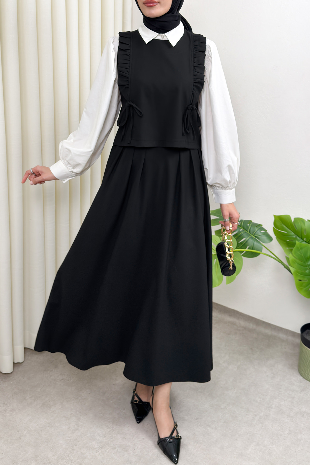 Bağcıklı Yelekli Takım 0050 - SİYAH |  