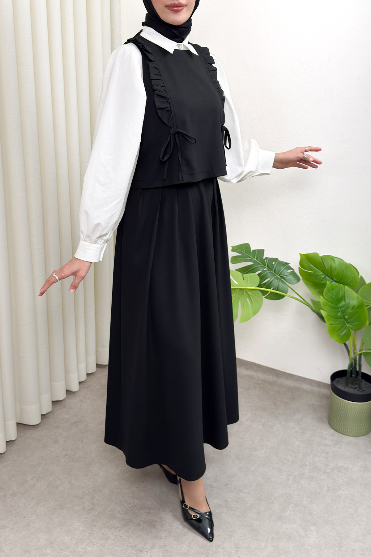 Bağcıklı Yelekli Takım 0050 - SİYAH |  