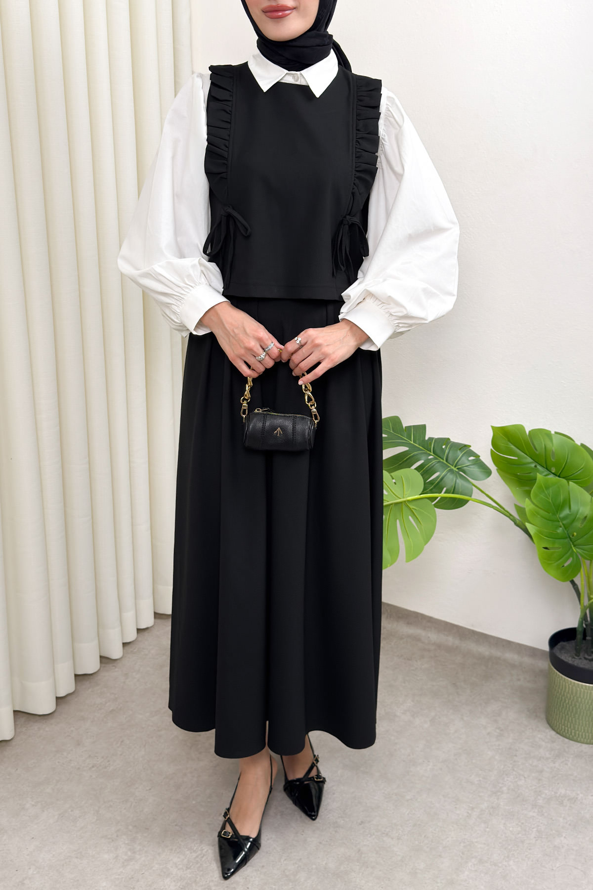 Bağcıklı Yelekli Takım 0050 - SİYAH |  