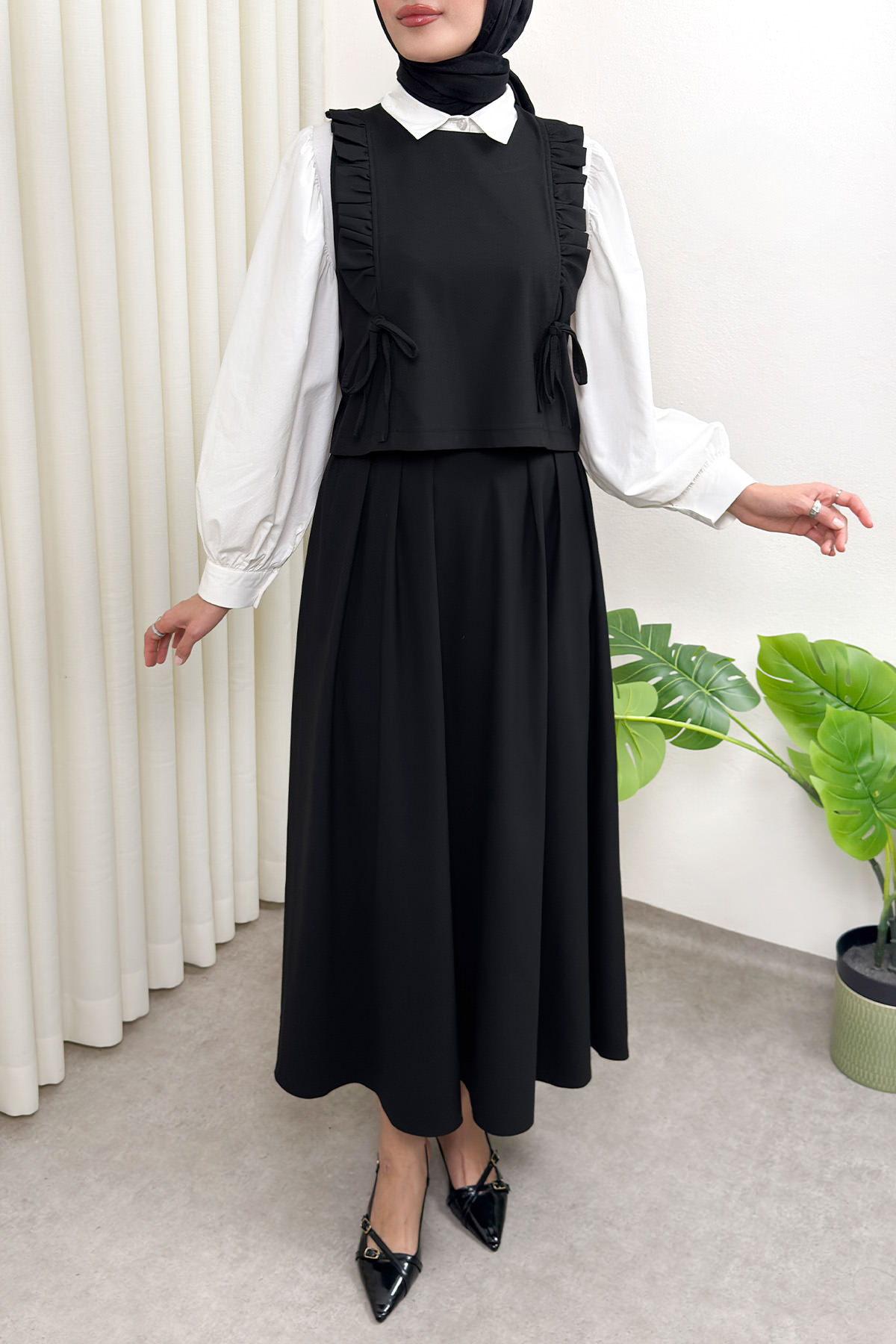 Bağcıklı Yelekli Takım 0050 - SİYAH |  