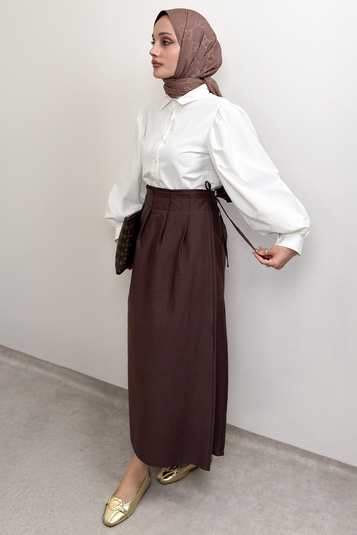 Yan Bağlamalı Ayarlanabilir Etek 0051 - KAHVERENGİ |  