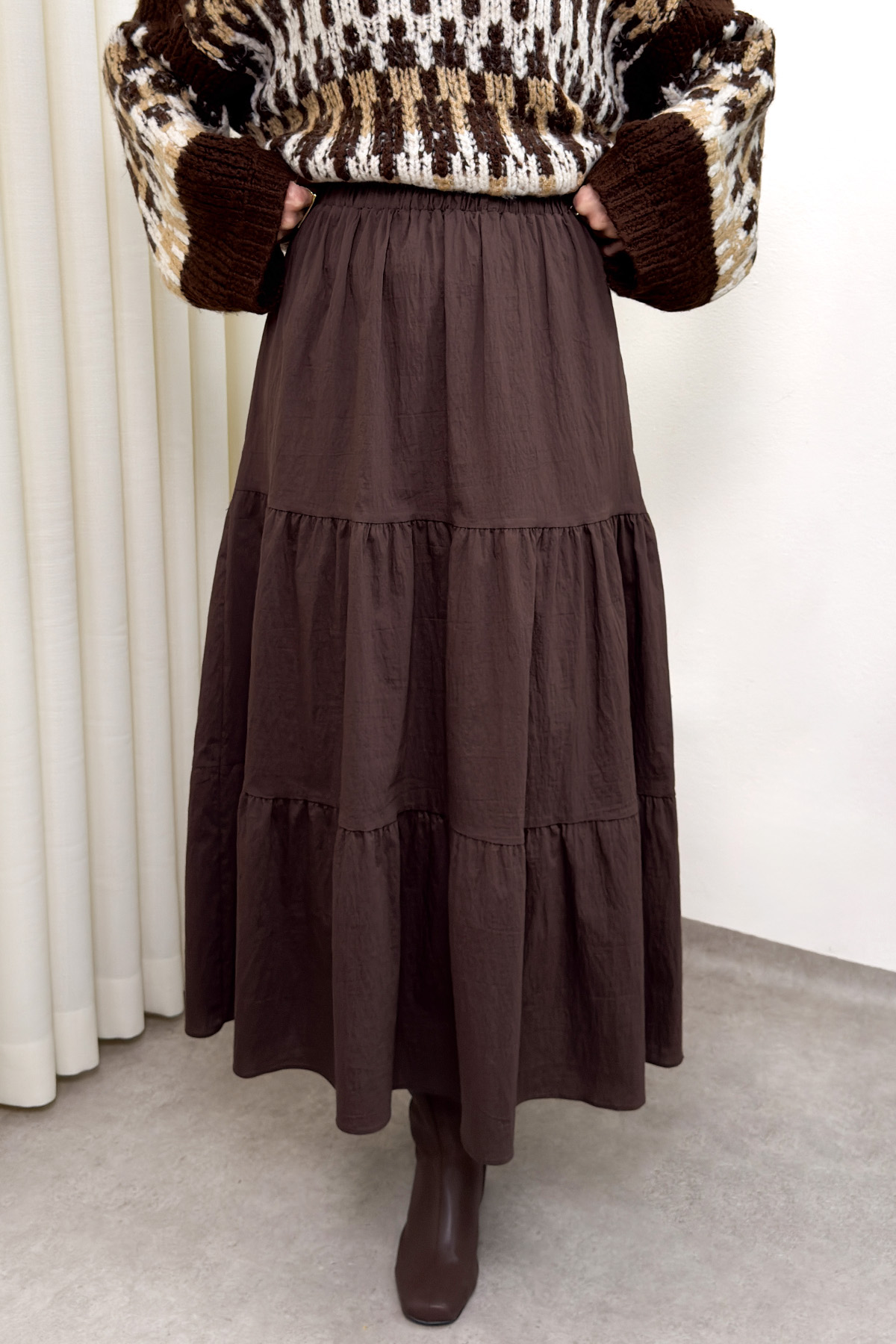 Paraşüt Kumaş Katlı Etek 0052 - KAHVERENGİ |  