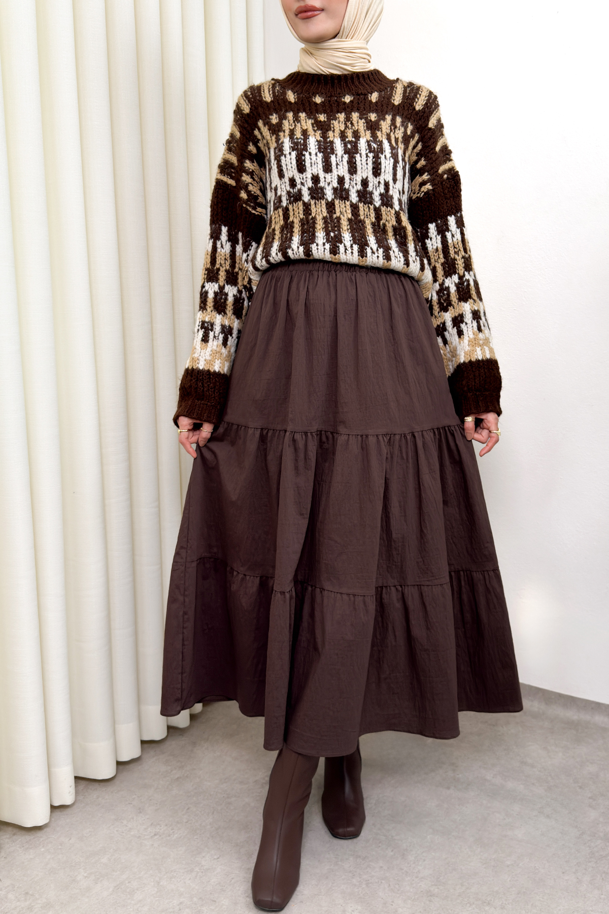 Paraşüt Kumaş Katlı Etek 0052 - KAHVERENGİ |  