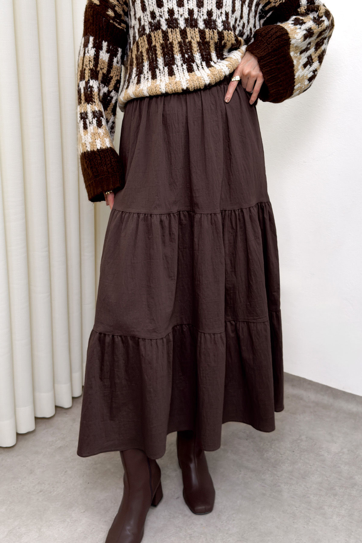 Paraşüt Kumaş Katlı Etek 0052 - KAHVERENGİ |  