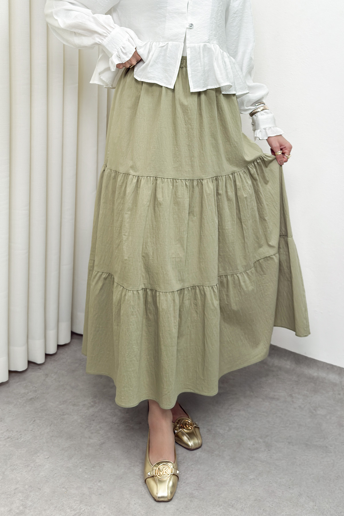 Paraşüt Kumaş Katlı Etek 0052 - AÇIK HAKİ |  