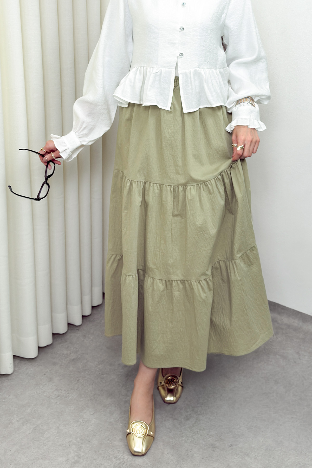 Paraşüt Kumaş Katlı Etek 0052 - AÇIK HAKİ |  