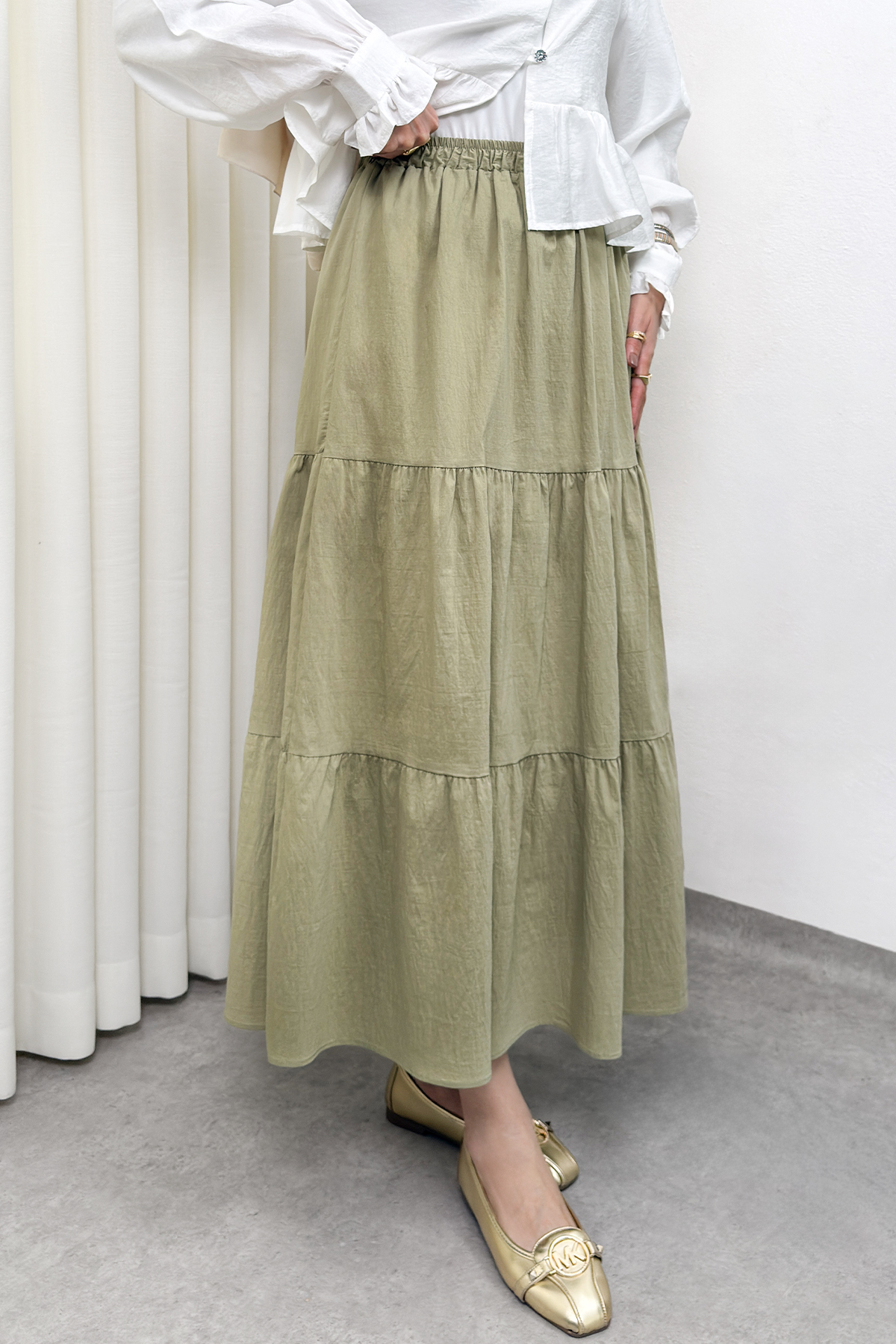 Paraşüt Kumaş Katlı Etek 0052 - AÇIK HAKİ |  