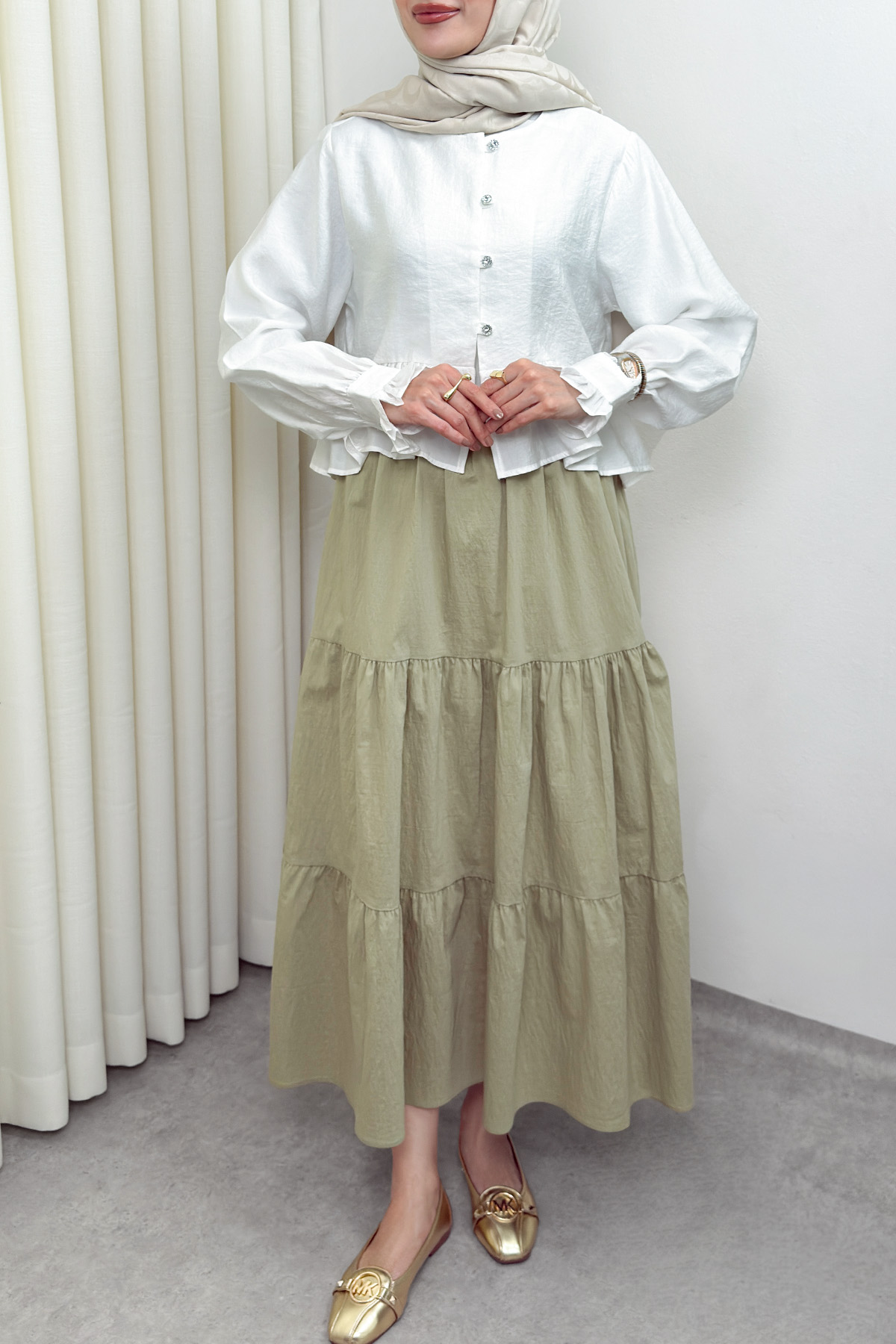 Paraşüt Kumaş Katlı Etek 0052 - AÇIK HAKİ |  