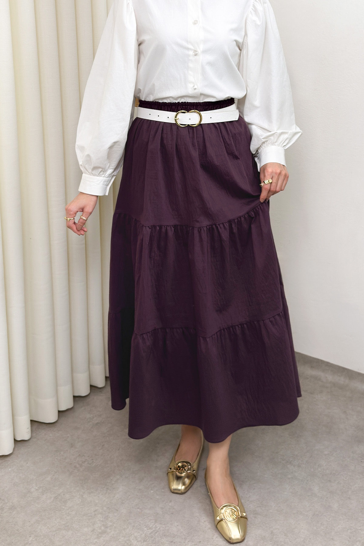 Paraşüt Kumaş Katlı Etek 0052 - MÜRDÜM |  