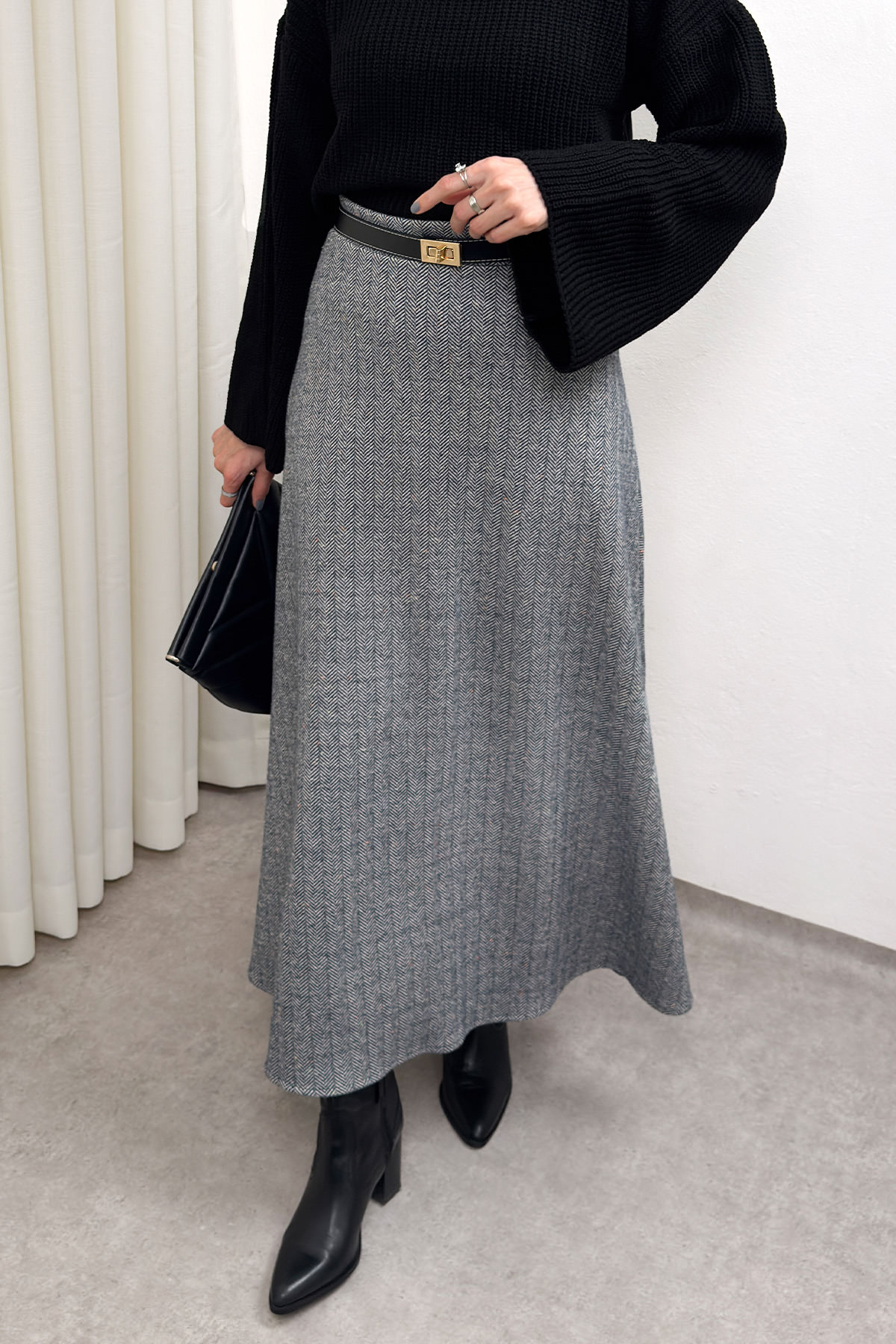 Balıksırtı Desenli Kaşe Etek 0054 - ANTRASİT |  