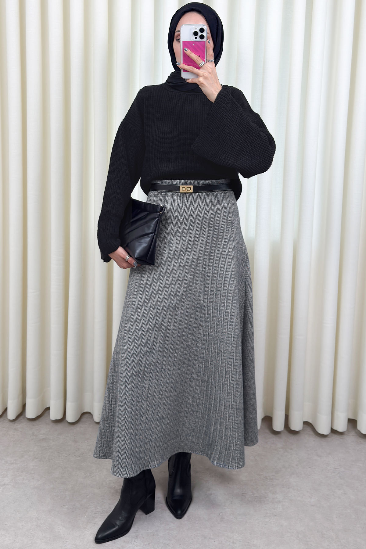 Balıksırtı Desenli Kaşe Etek 0054 - ANTRASİT |  