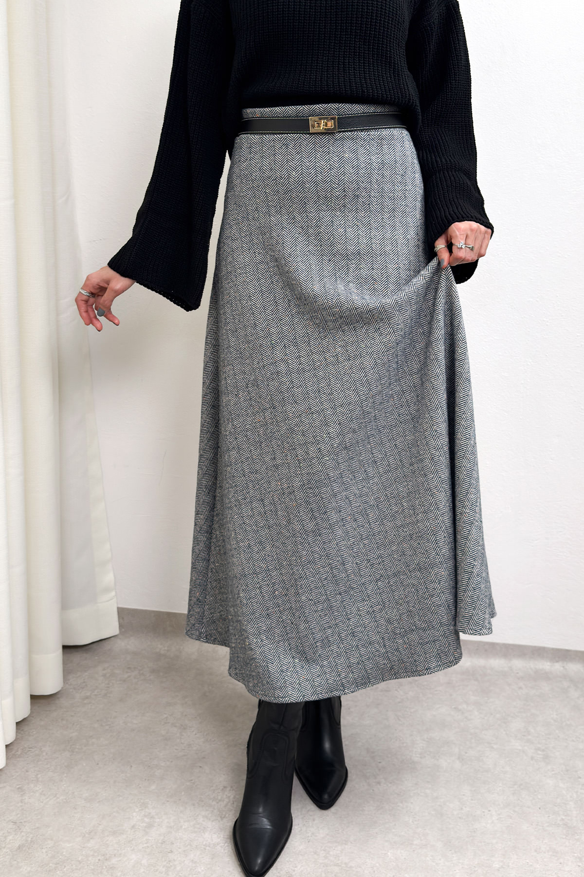 Balıksırtı Desenli Kaşe Etek 0054 - ANTRASİT |  