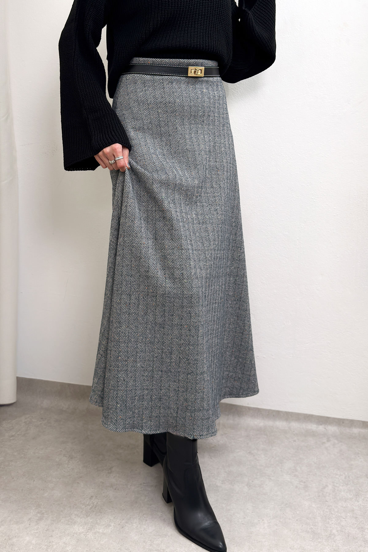 Balıksırtı Desenli Kaşe Etek 0054 - ANTRASİT |  