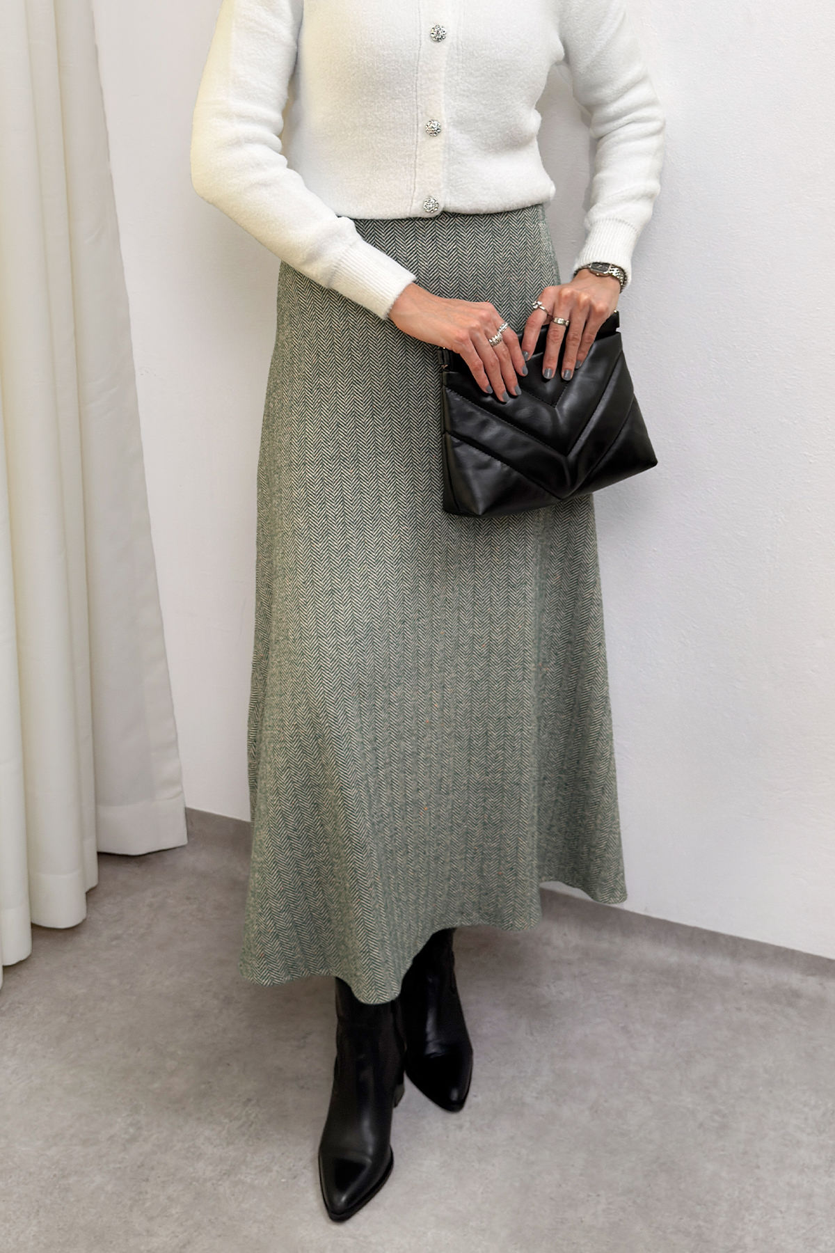 Balıksırtı Desenli Kaşe Etek 0054 - HAKİ |  