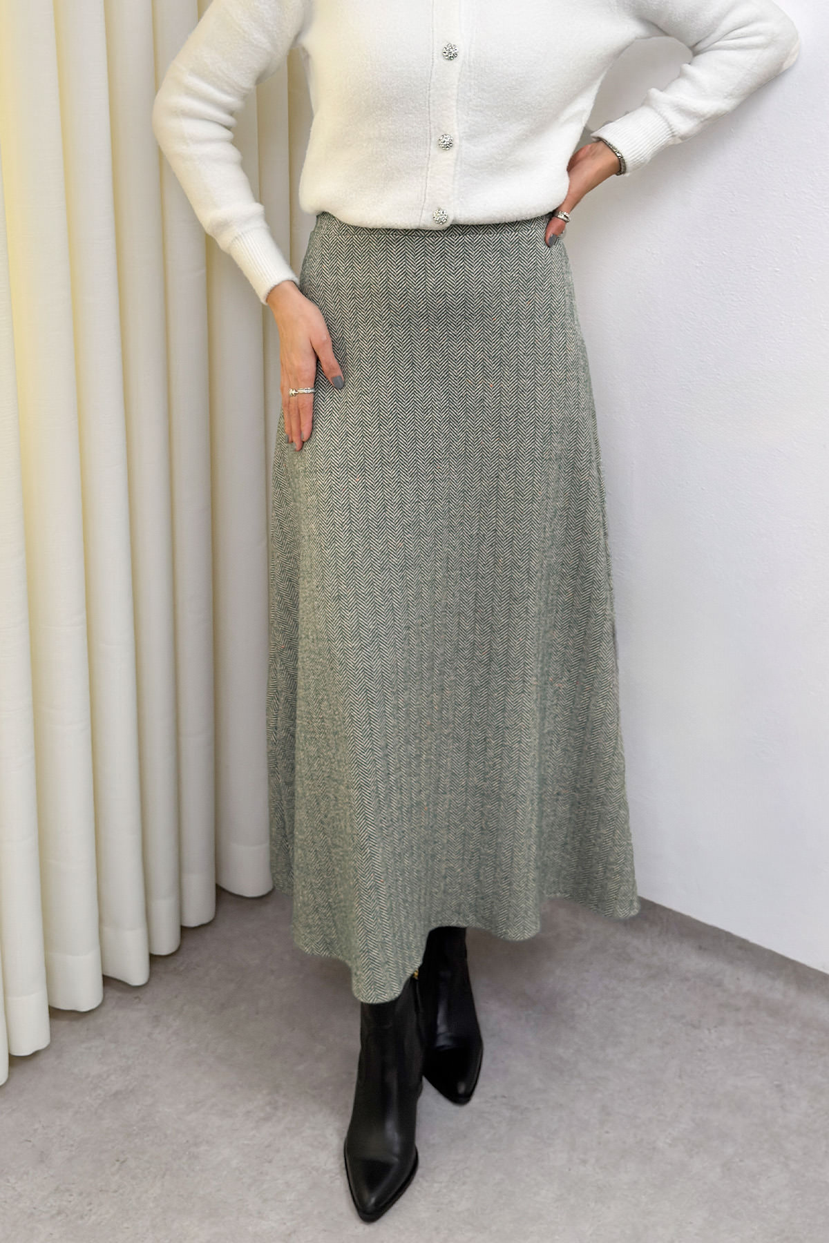 Balıksırtı Desenli Kaşe Etek 0054 - HAKİ |  