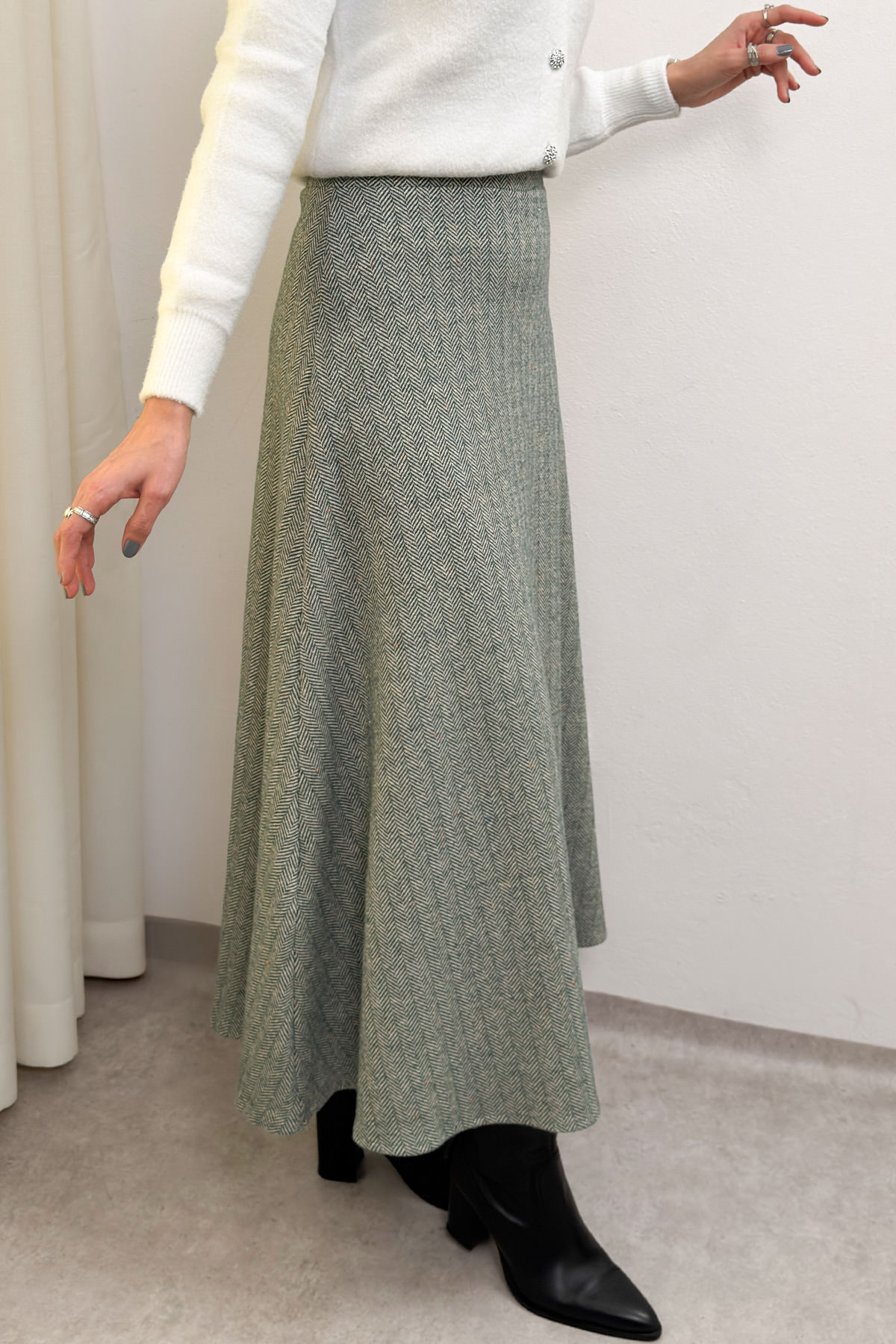 Balıksırtı Desenli Kaşe Etek 0054 - HAKİ |  