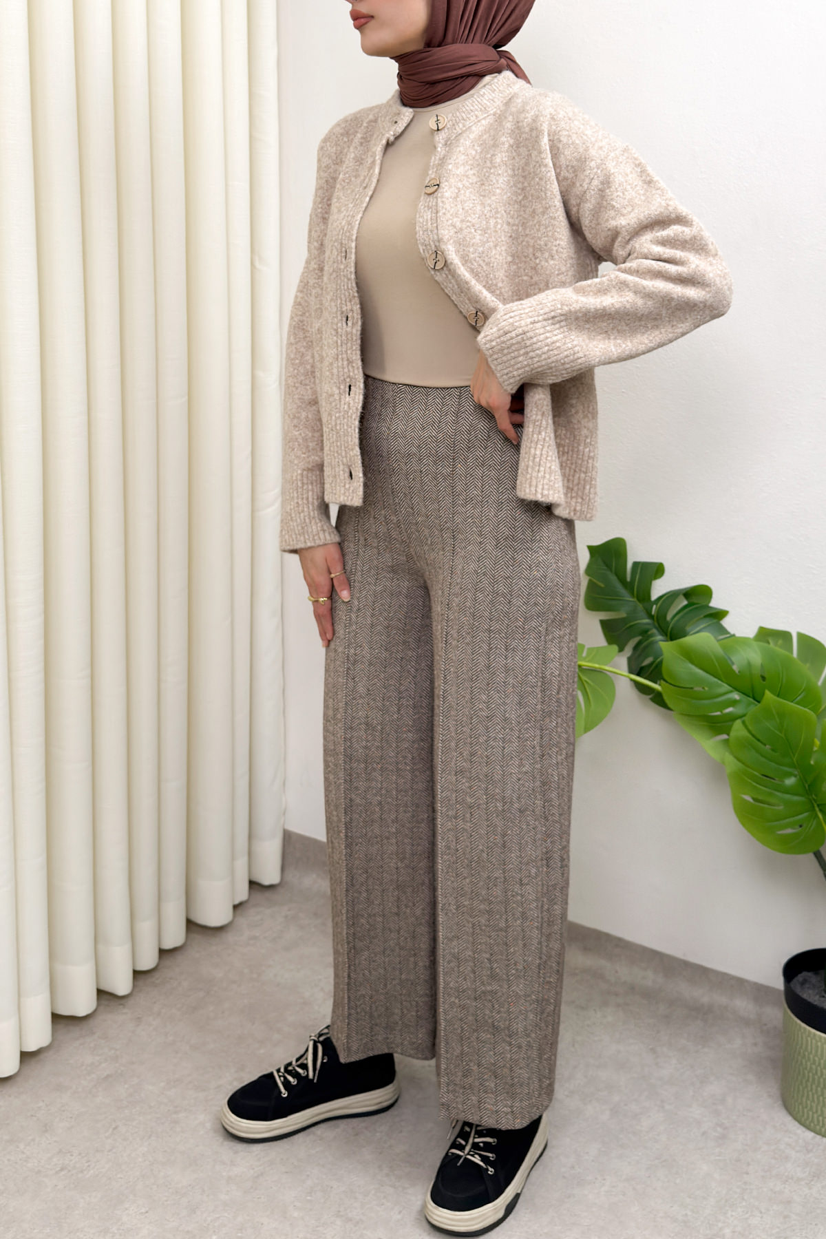 Kaşe Balıksırtı Desenli Pantolon 0055 - KAHVERENGİ |  