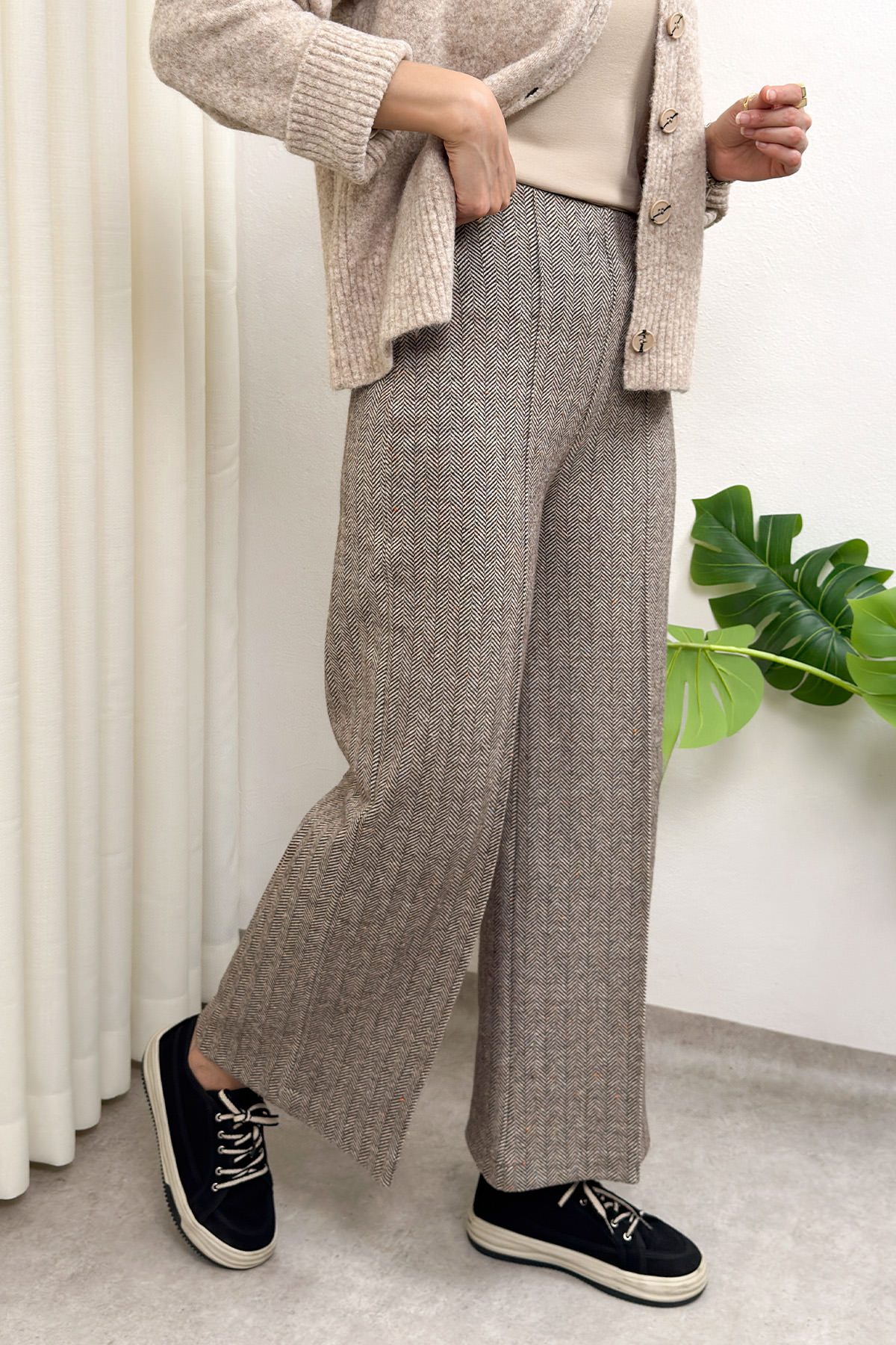 Kaşe Balıksırtı Desenli Pantolon 0055 - KAHVERENGİ |  