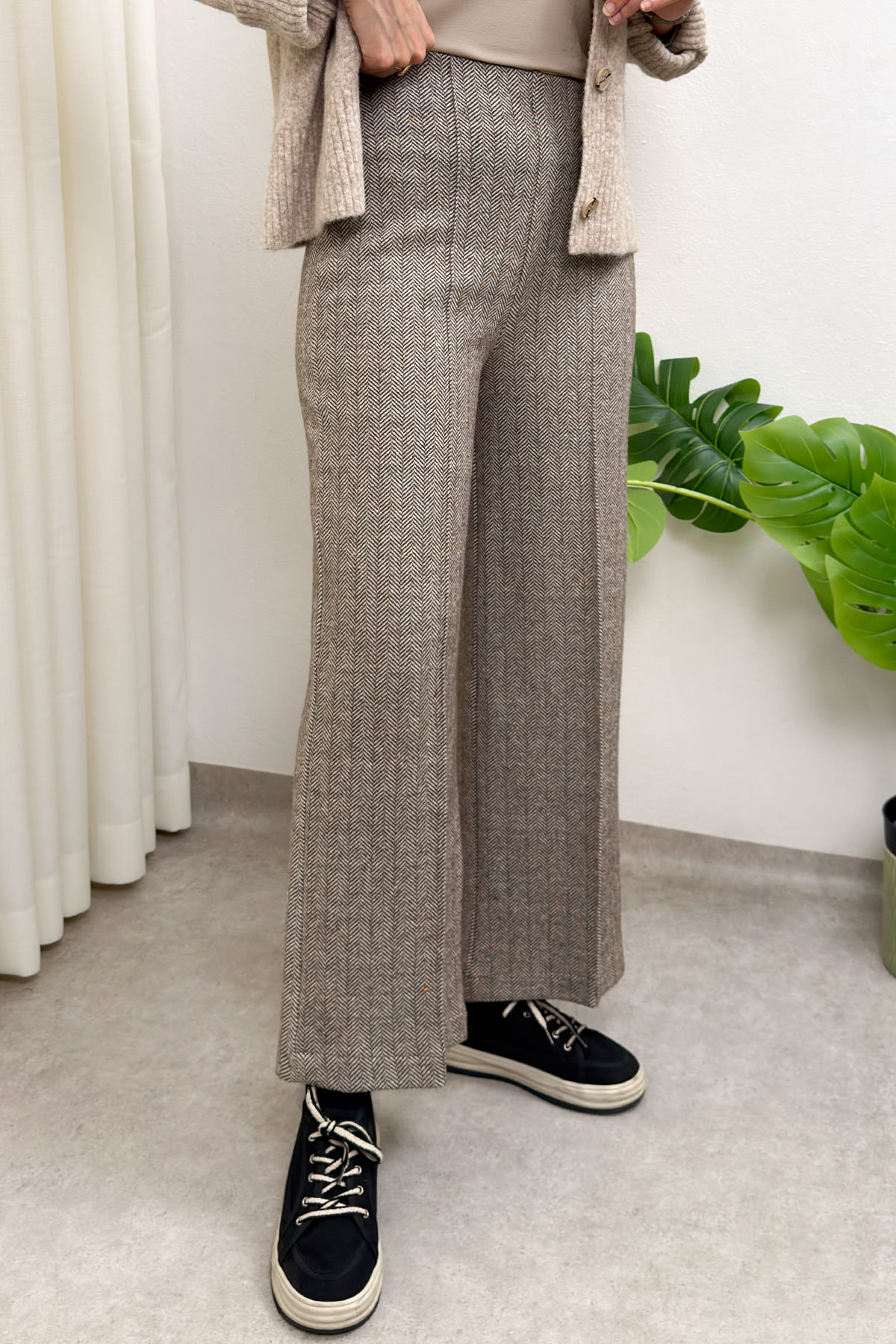 Kaşe Balıksırtı Desenli Pantolon 0055 - KAHVERENGİ |  