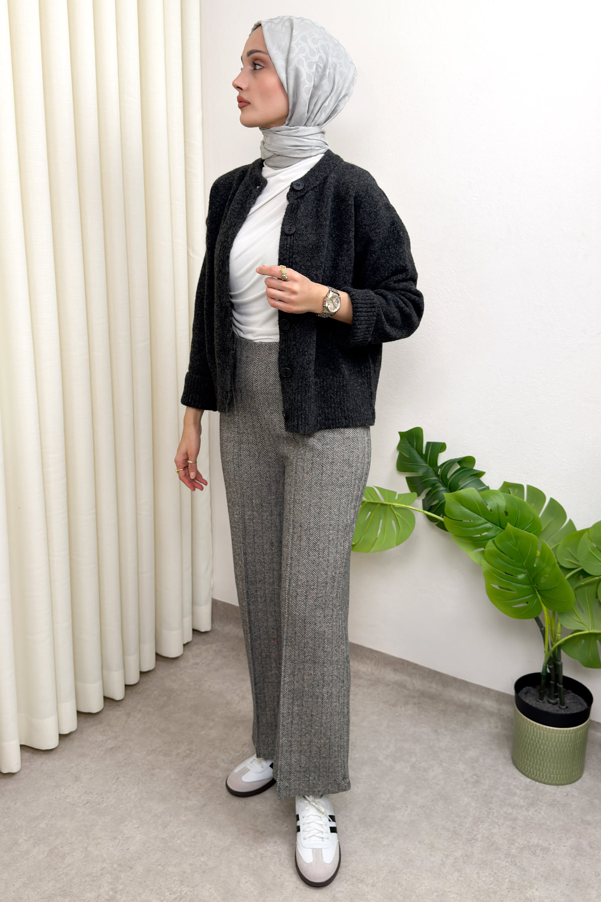 Kaşe Balıksırtı Desenli Pantolon 0055 - GRİ |  