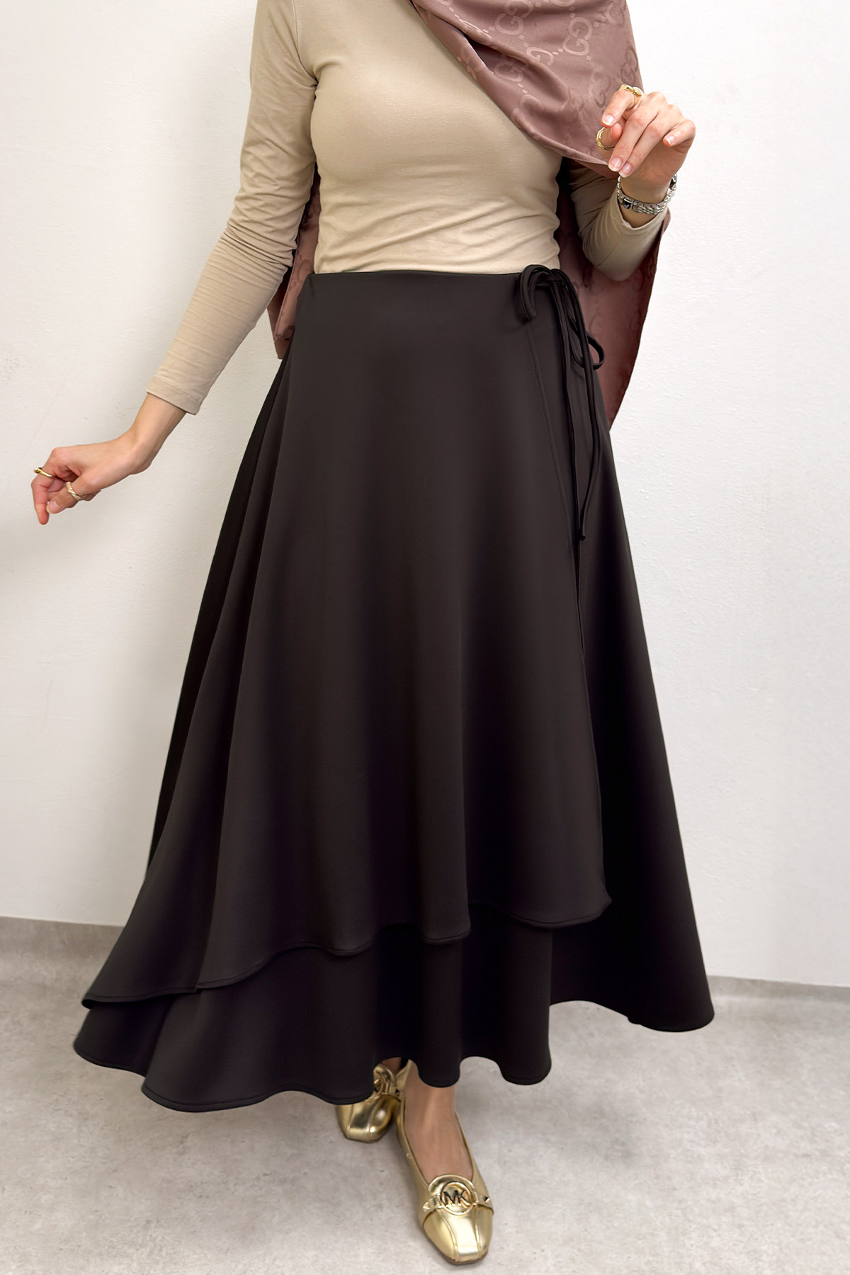 Belden Bağcıklı Scuba Etek 0056 - KAHVERENGİ |  