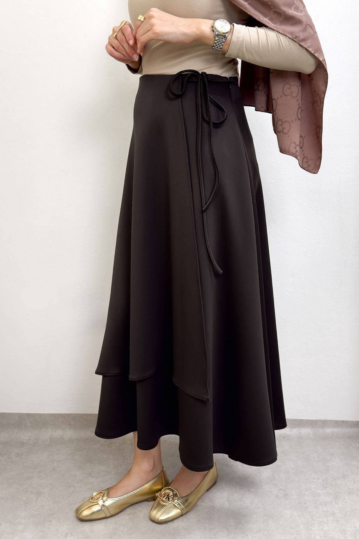 Belden Bağcıklı Scuba Etek 0056 - KAHVERENGİ |  