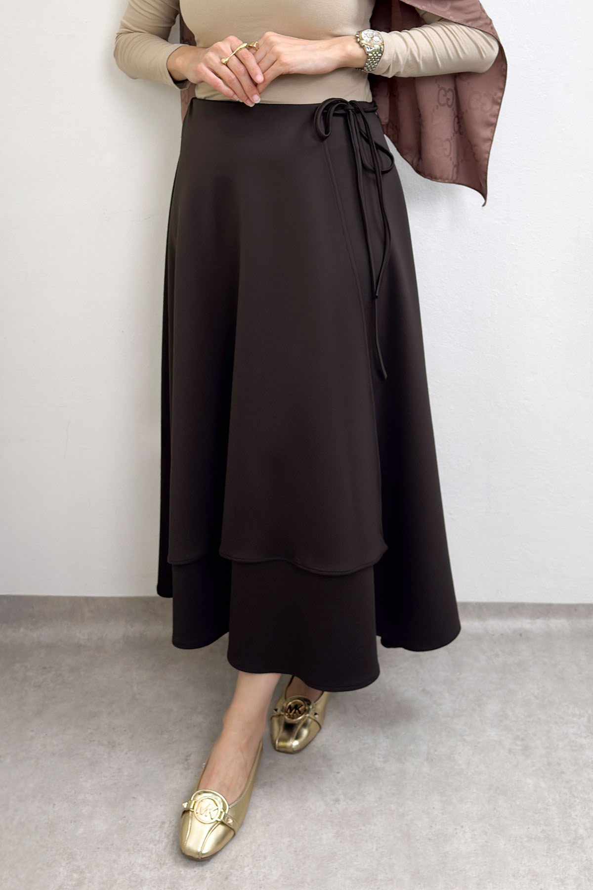 Belden Bağcıklı Scuba Etek 0056 - KAHVERENGİ |  