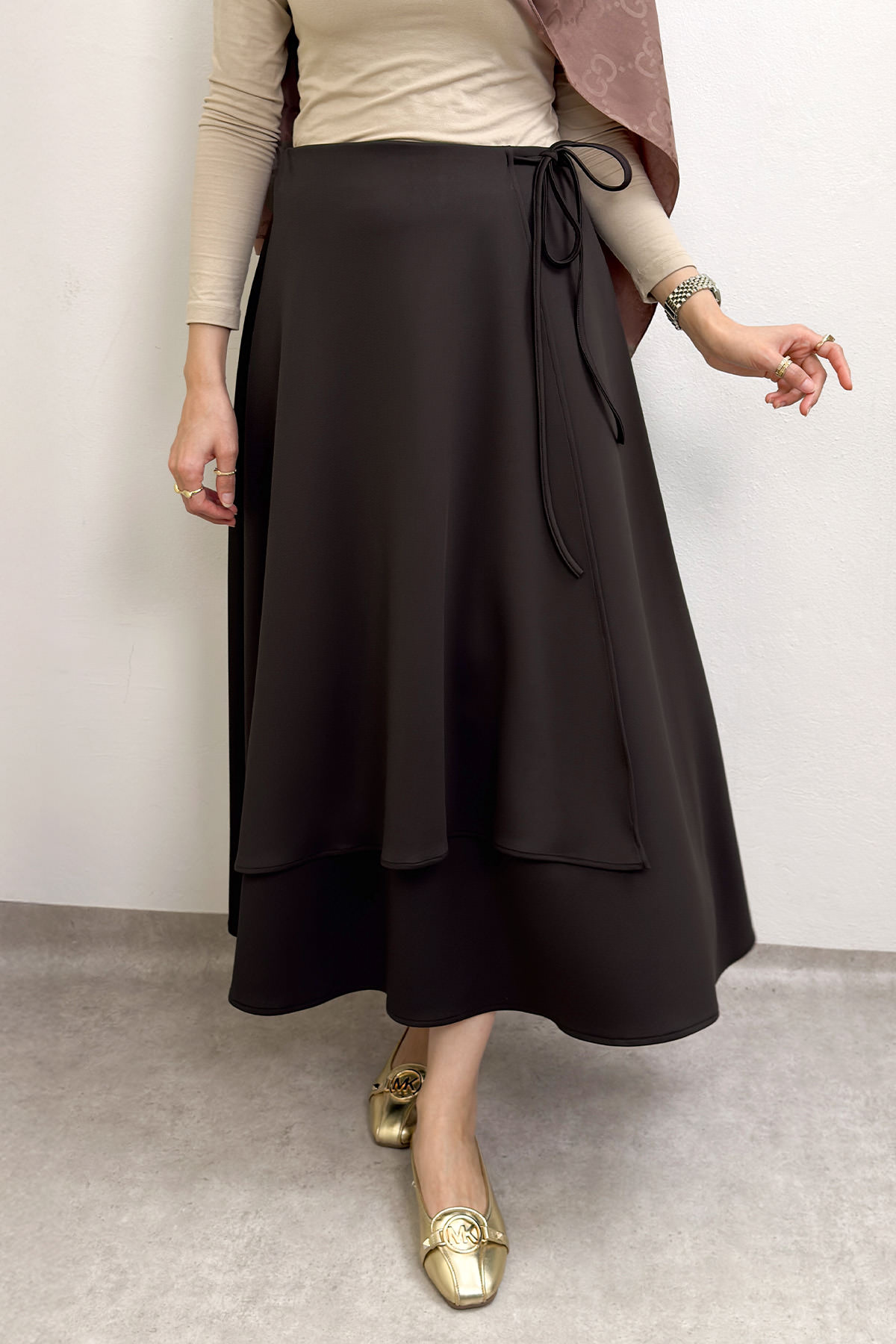 Belden Bağcıklı Scuba Etek 0056 - KAHVERENGİ |  