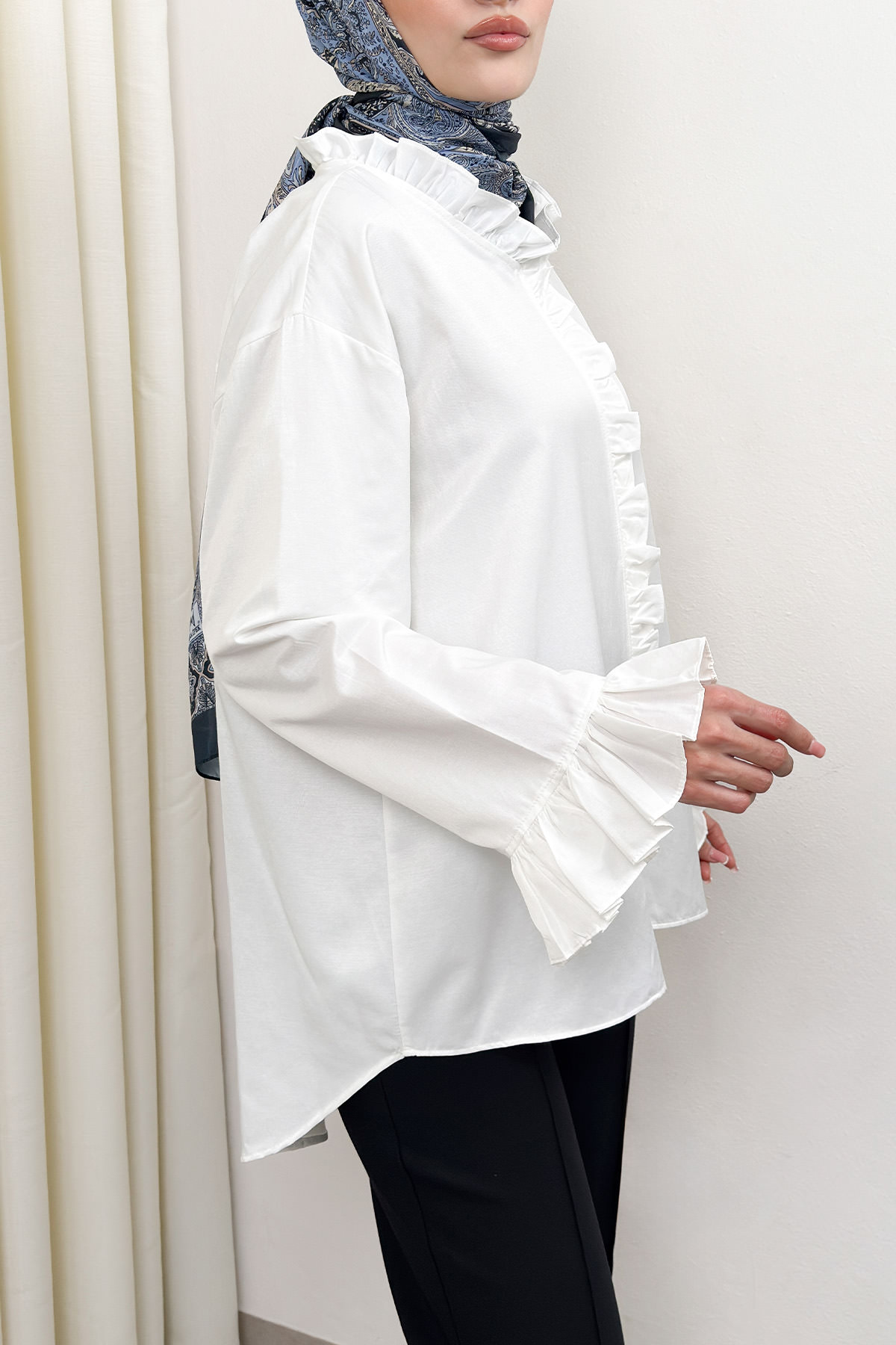 Fırfır Detaylı Oversize Gömlek 0057 - BEYAZ |  