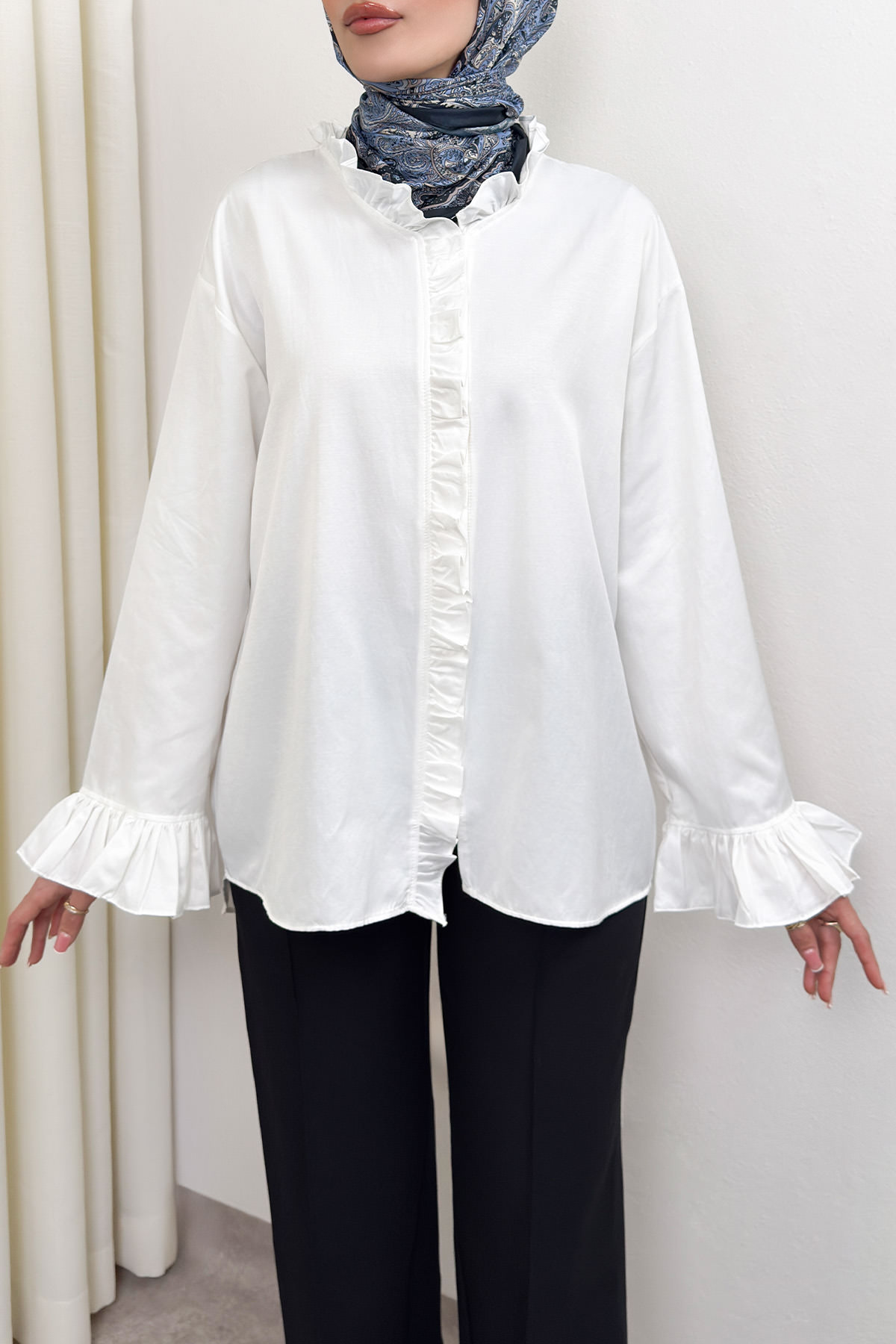 Fırfır Detaylı Oversize Gömlek 0057 - BEYAZ |  